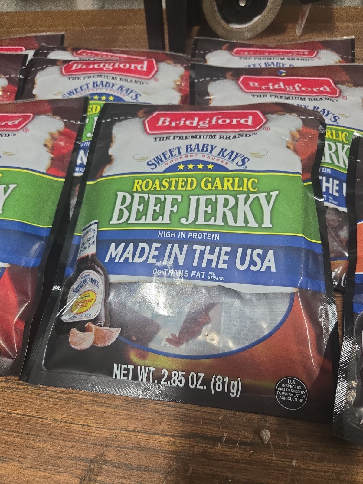 11 Bridgford Beef Jerky Roasted Garlic, 1 Original Sweet Baby Rays 2.85oz 4/27+