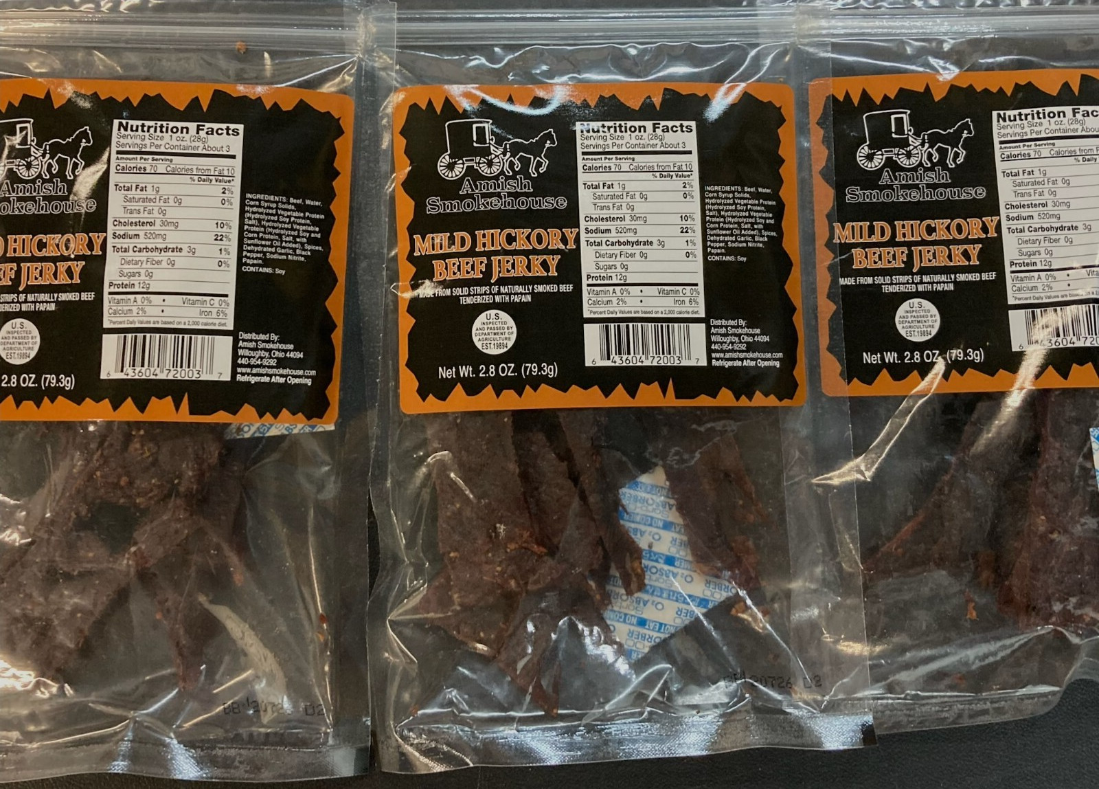 Amish Smokehouse Beef Jerky, (3) 2.8oz bags Mild Hickory Jerky