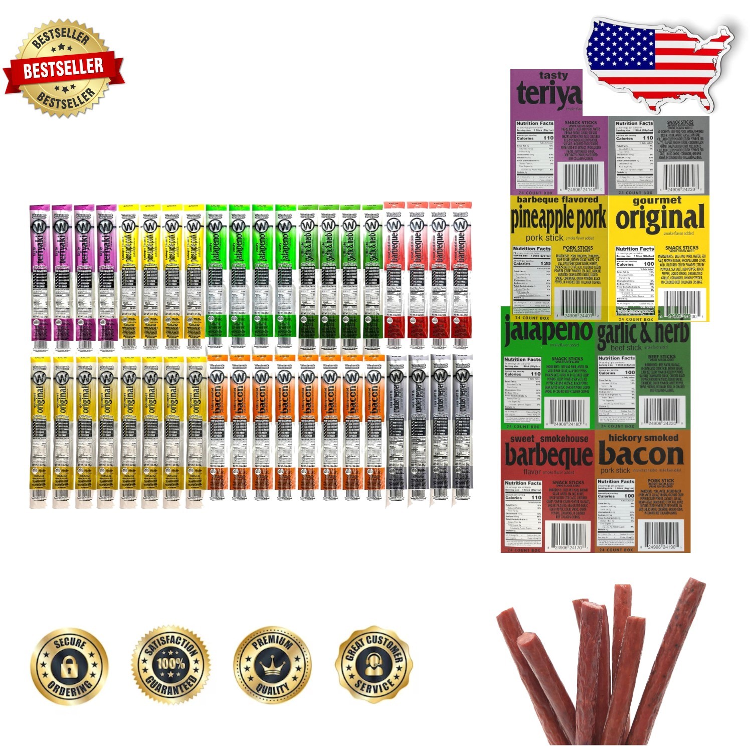 Meat Sticks 40 Count – 8 Delicious Flavors, Beef/Pork, USA Made, Healthy Snack