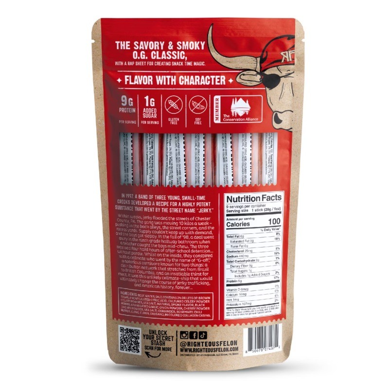 Righteous Felon Craft Jerky OG Hickory Protein Snack Beef Stick – 1oz/9ct