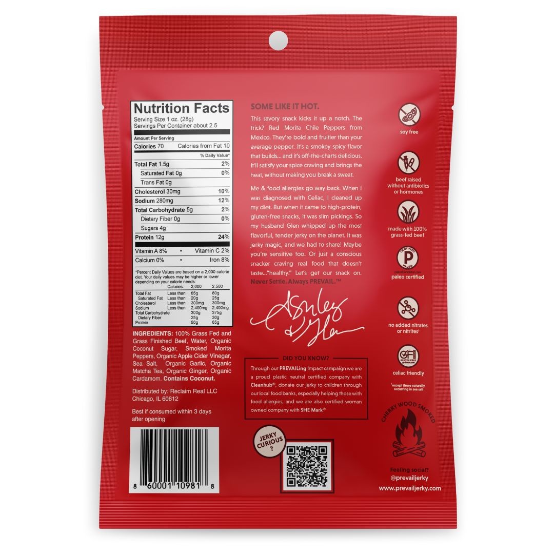 Prevail Jerky – Spicy Beef Jerky – Grass Fed High protein – One (1) 2.25 Oz