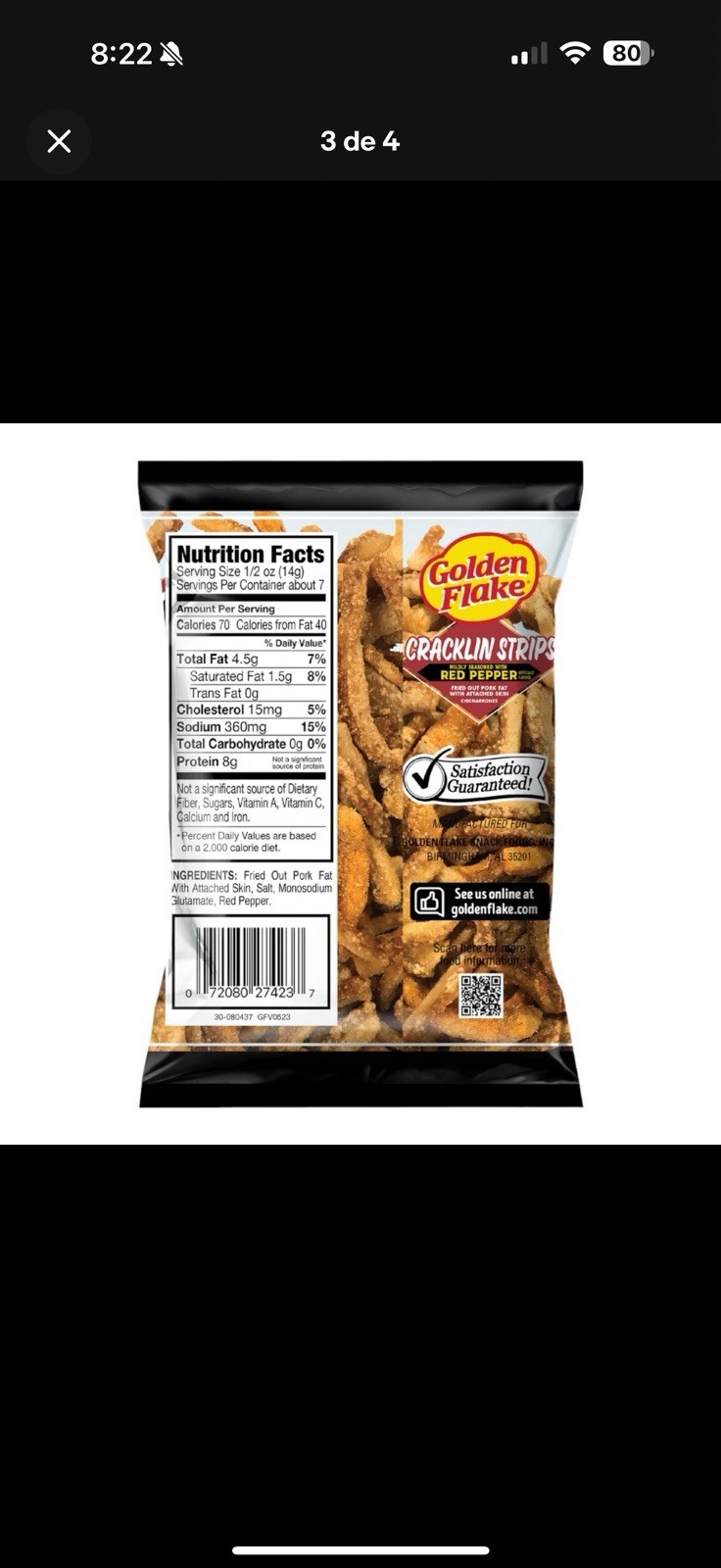 Golden Flake Fried Pork Cracklin Strips Mildly Seasoned w/ Red Pepper-3pk-3.5oz.