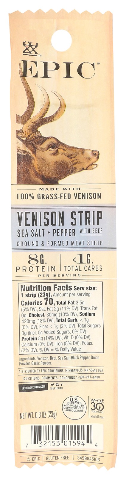 Epic 0.8 Oz Sea Salt Pepper Venison Beef Jerky Strip Powder 20 Pack