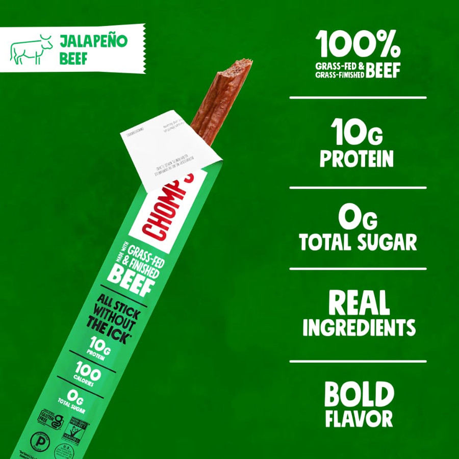 Chomps Jalapeño Beef Jerky Snack Sticks – Keto, 10g Protein, 0g Sugar, 24 Pack