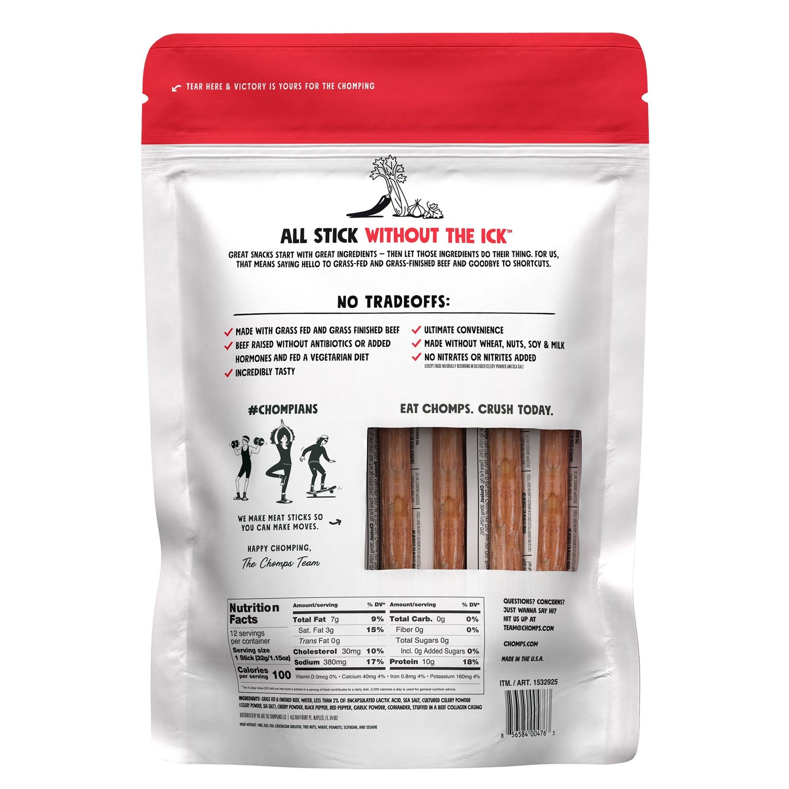 Chomps Original Grass Fed Beef Sticks, 1.15 oz, 12-pack (Total 13.8 oz)