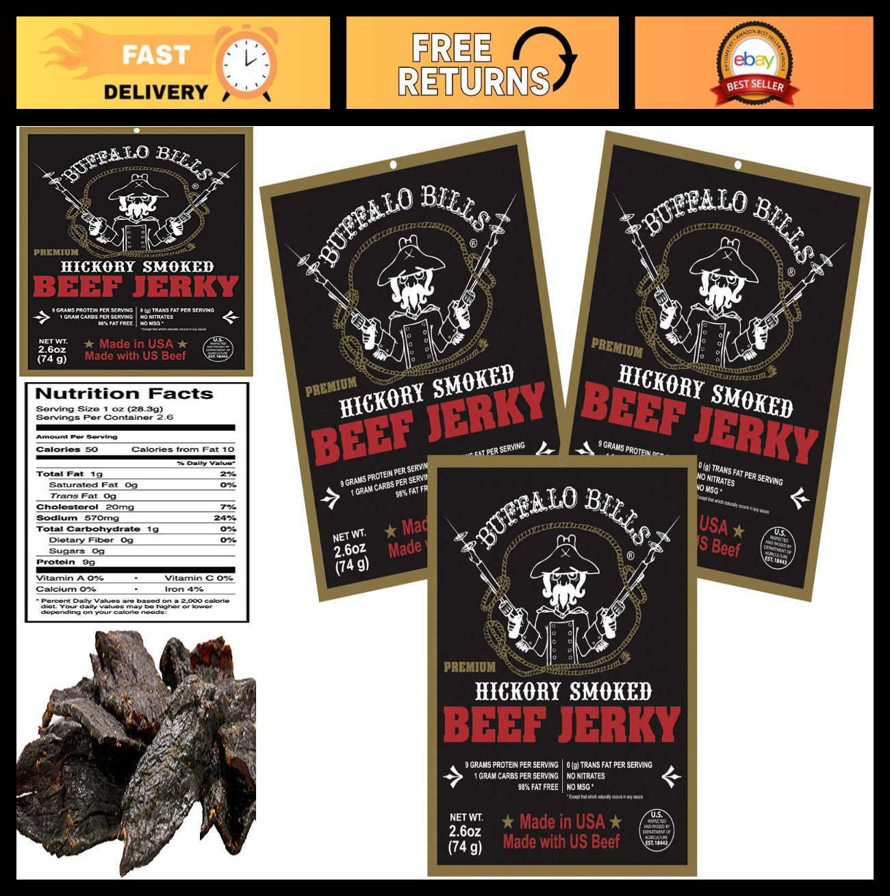 Premium Hickory Smoked Beef Jerky 3-Pack – Tender Top Round, 2.6oz Snacks