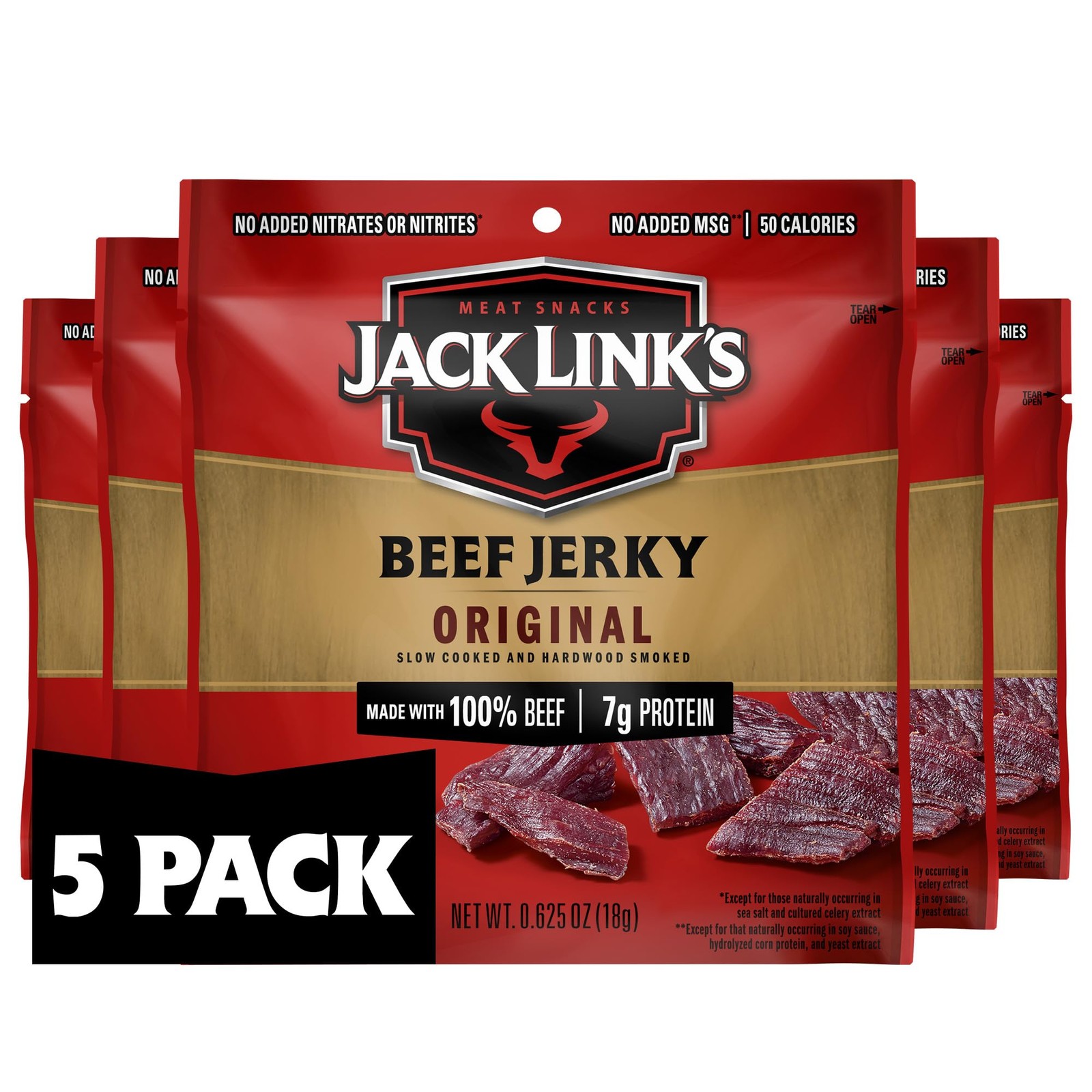 Beef Jerky Original 7g Protein 100% Beef 0.625 Oz Pack of 5