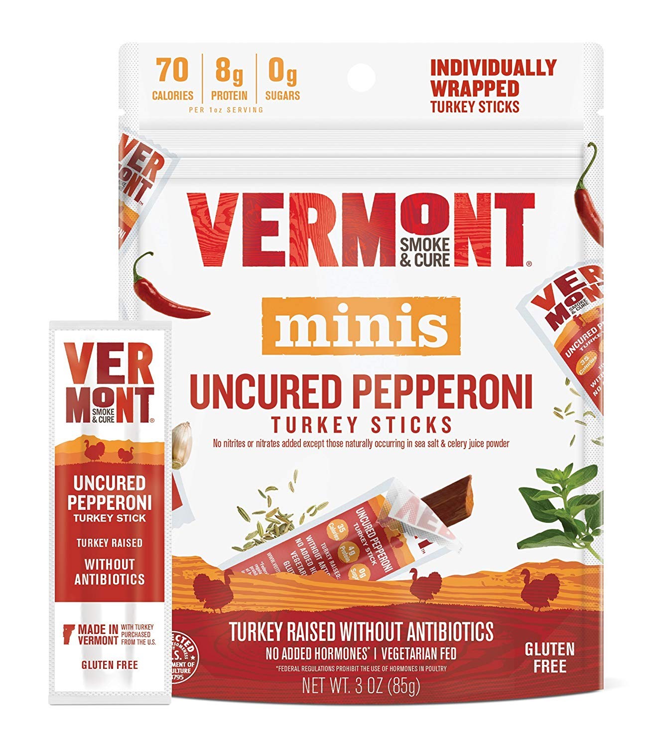 Vermont Uncured Pepperoni Turkey Sticks, 3 Ounce