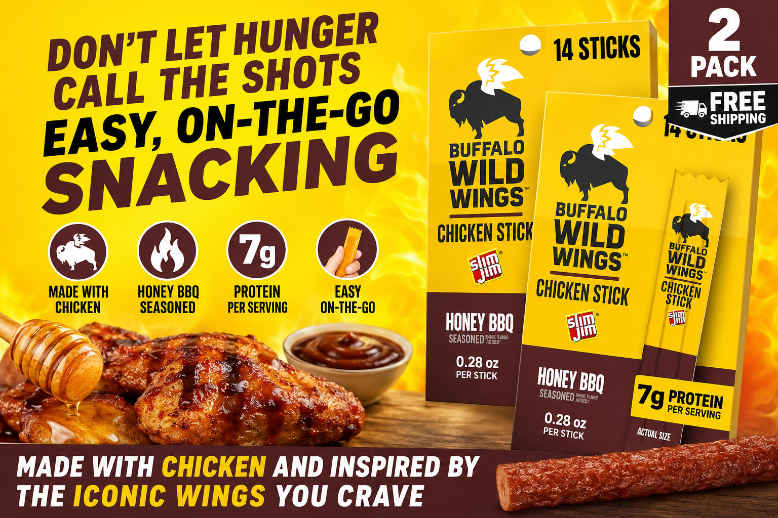 Slim Jim Chicken Stick, Buffalo Wild Wings Honey BBQ Seasoned 0.28 oz. Pack of 2