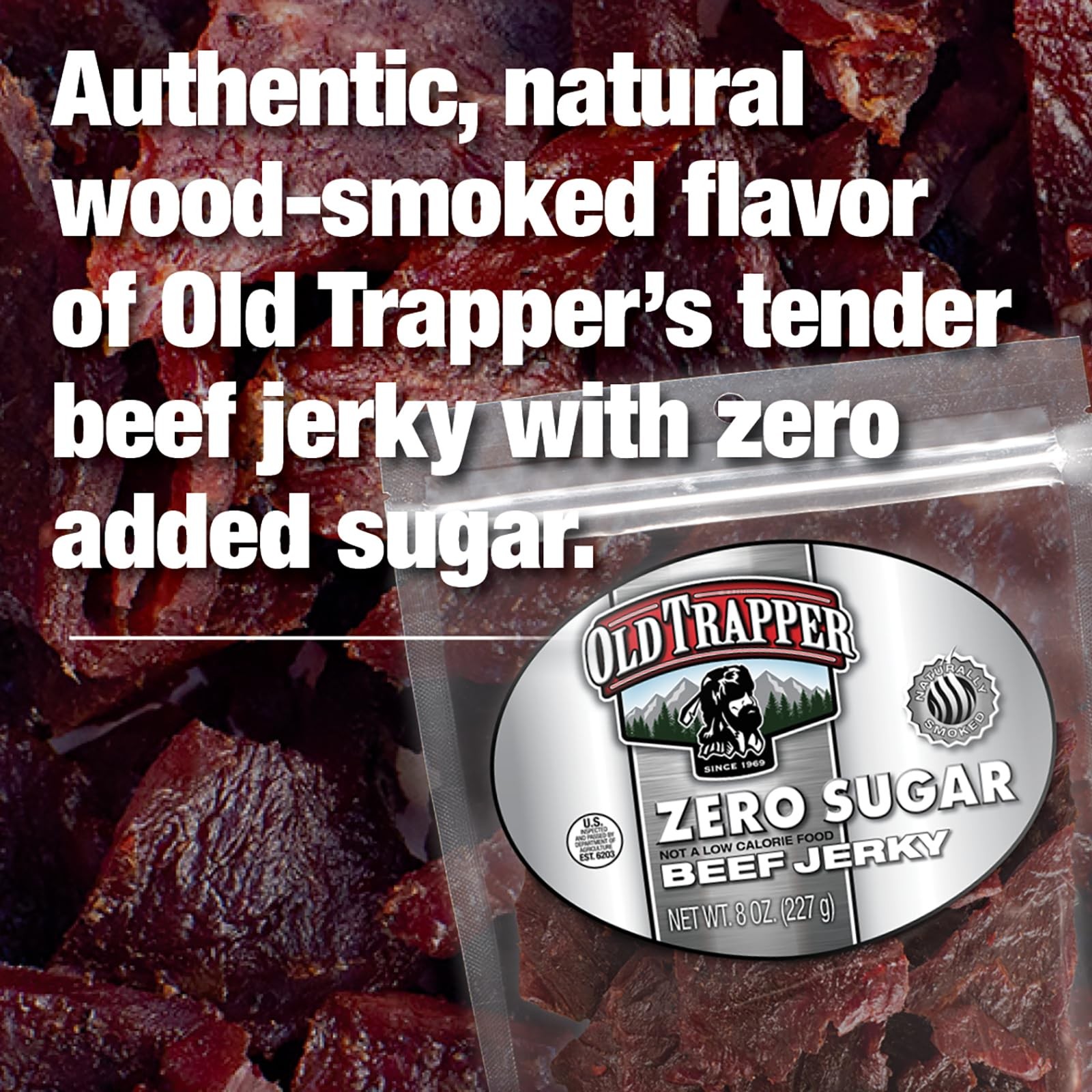 Old Trapper Zero Sugar Beef Jerky, Eight-Ounce Individual Package, Natural Wood