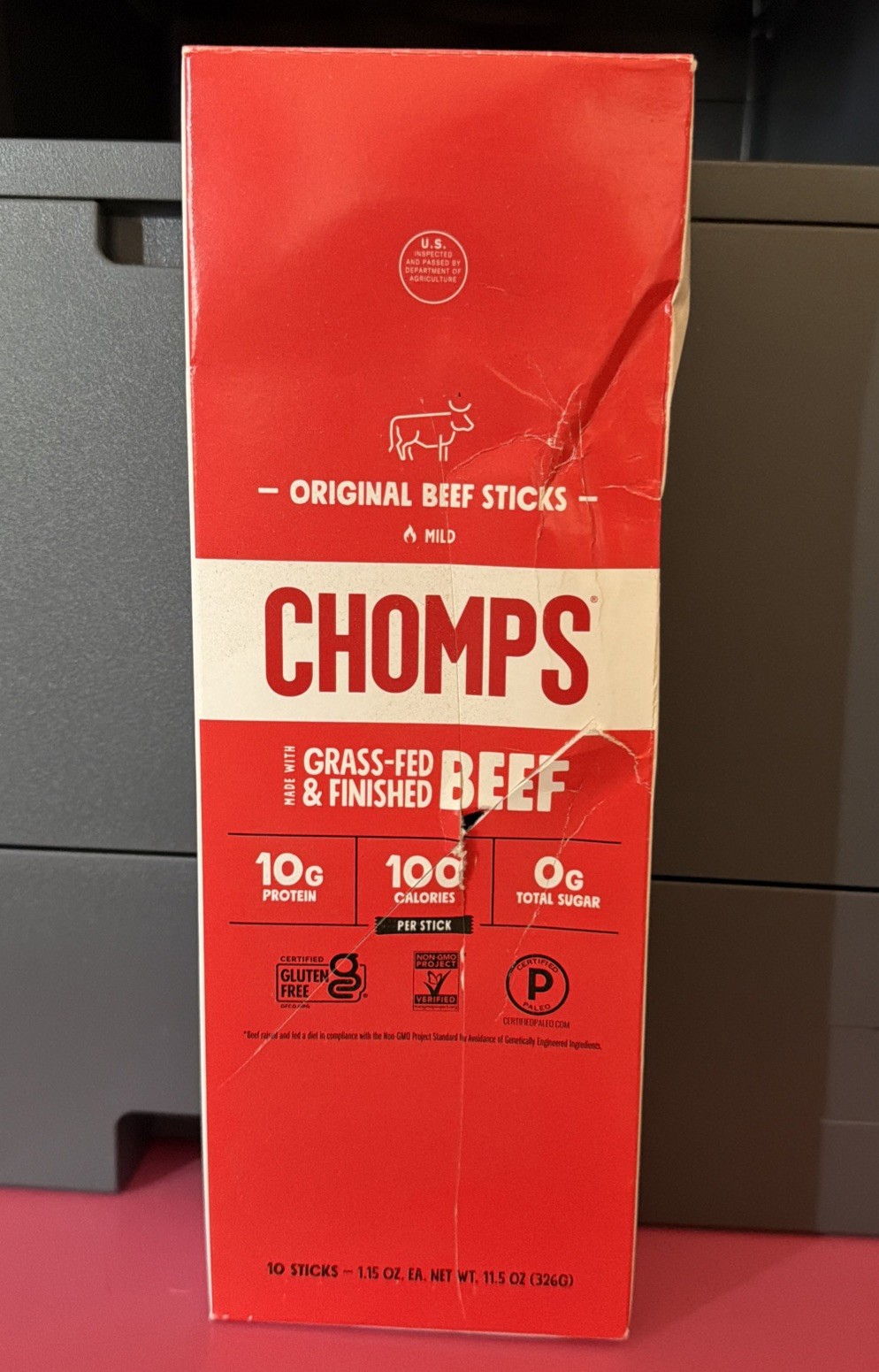 CHOMPS Original Beef Sticks Grass-Fed & Finished Gluten Free 10 Pack 1.15oz Each