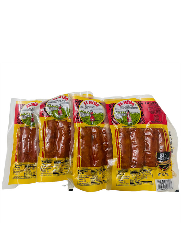 Chorizos El Miño . 4 chorizos per pack 7 oz. Total 16 Chorizos
