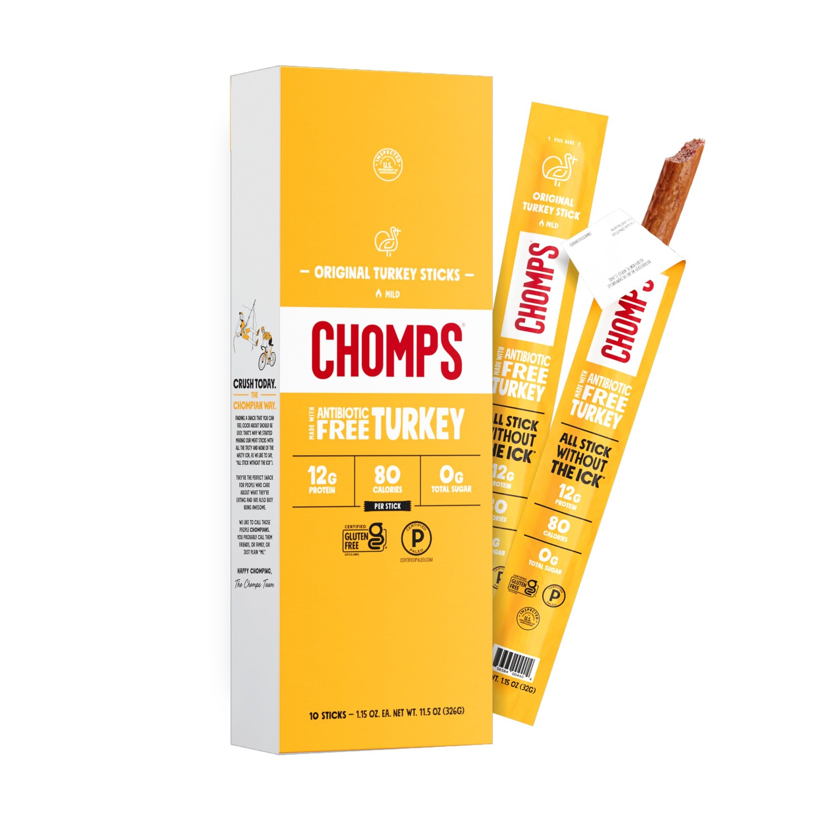 Chomps Original Turkey Jerky Meat Snack Sticks 1 Count (Pack of 10), Yellow