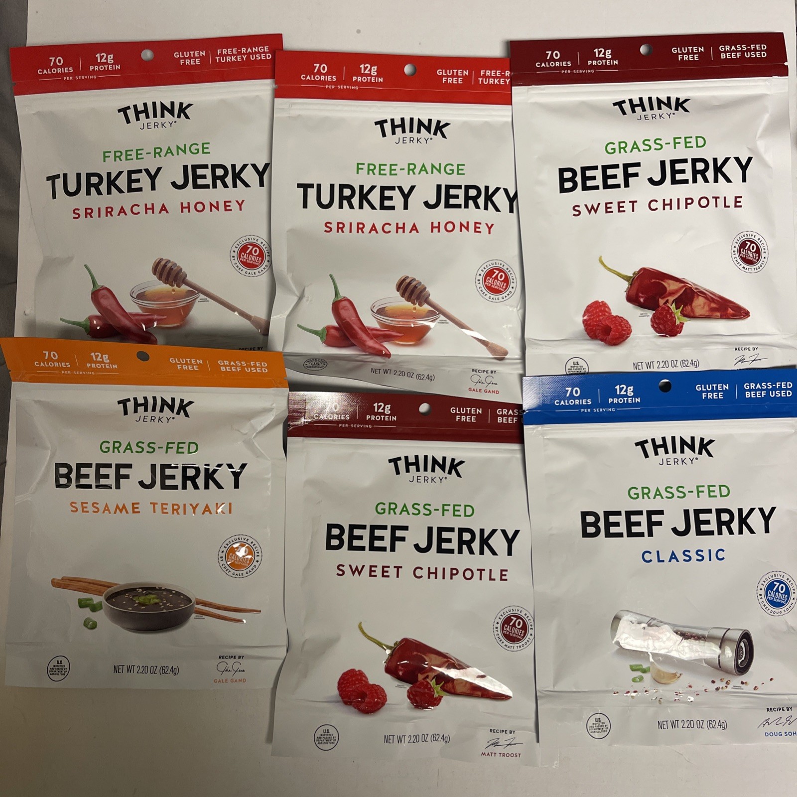 Lot 6 Think Jerky Beef & Turkey Jerky Variety Sweet Chipotle Sriracha 2.20 OZ
