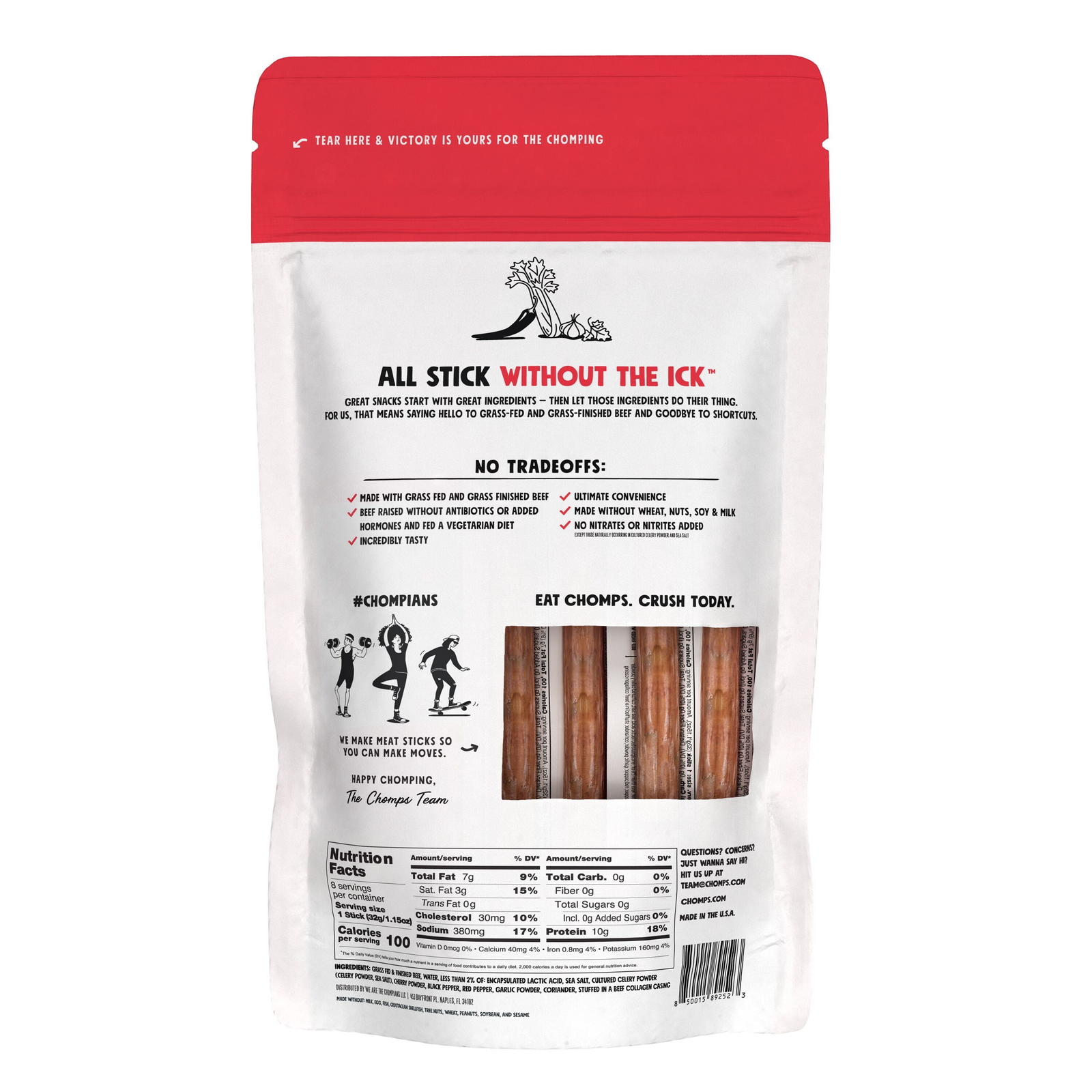 Chomps Grass-Fedand Finished Original Beef Jerky Meat Snack 8 Pack,1.15oz Sticks