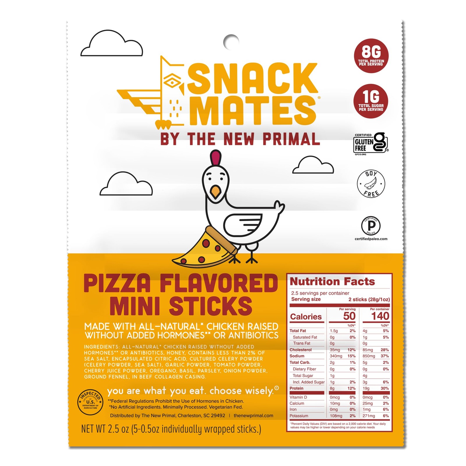 Snack Mates by The New Primal, Chicken Pizza Meat Stick, All Natural 0.5oz, 5ct