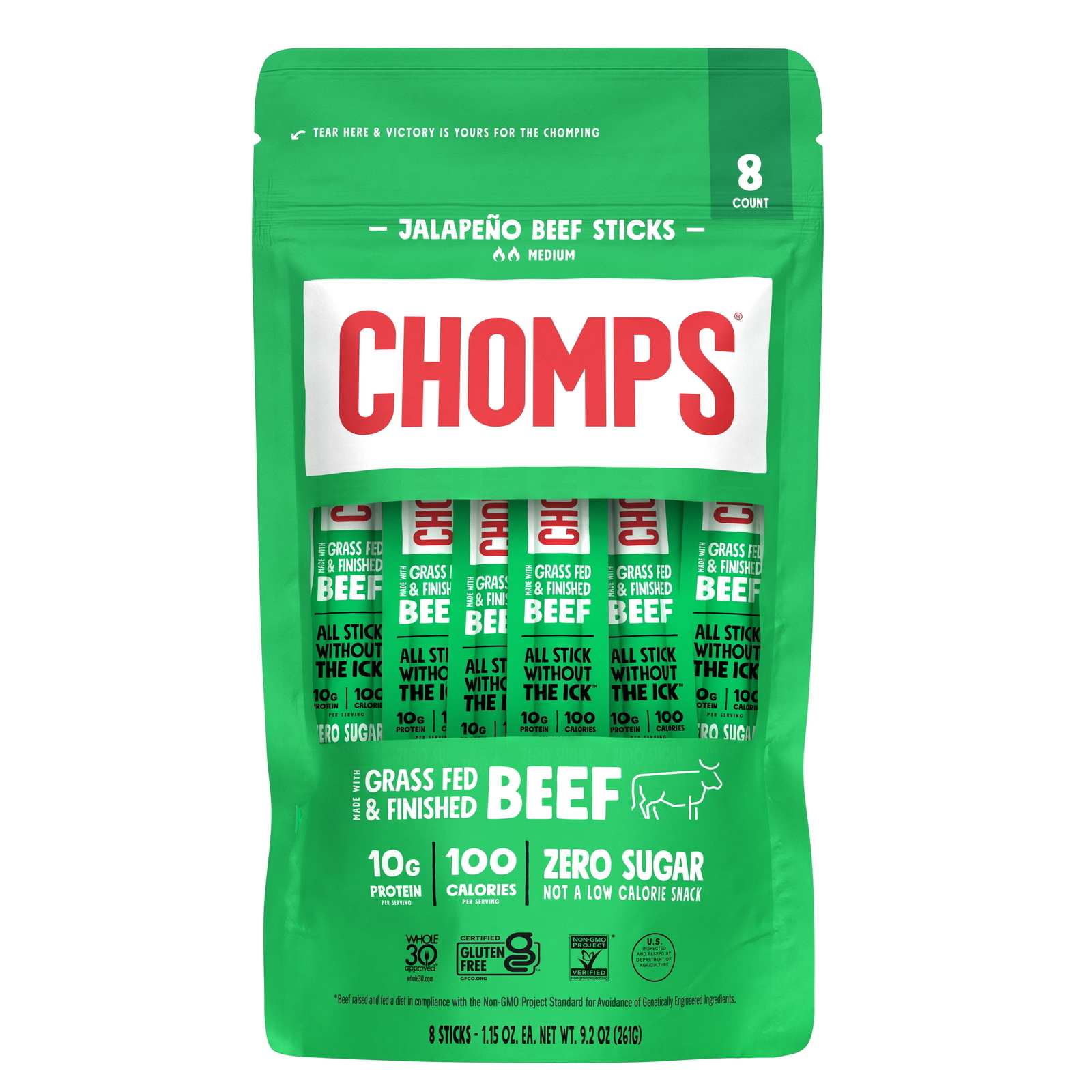Chomps Grass-Fed and Finished Jalapeño Beef Jerky Meat Snack