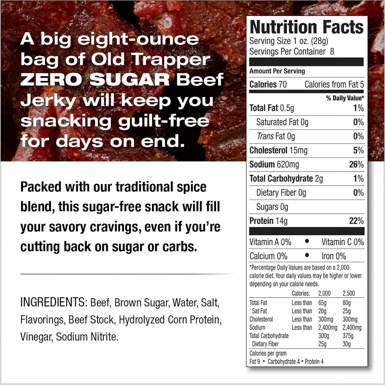 8 Oz Zero Sugar Beef Jerky – Gourmet Keto Snack with 14g Protein & Low Calories