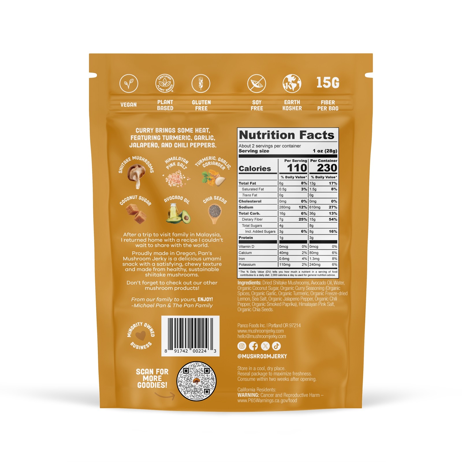 Pans Shiitake Mushroom Jerky CURRY Flavor Vegan Umami – One 2.2 oz. Fresh Bag