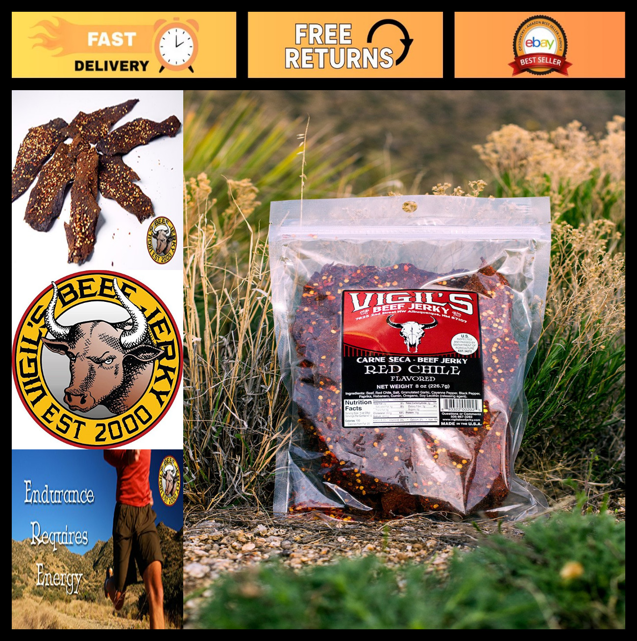 Spicy Red Chile Beef Jerky 8oz | High-Protein Snack | Gluten-Free, Gourmet Flavo