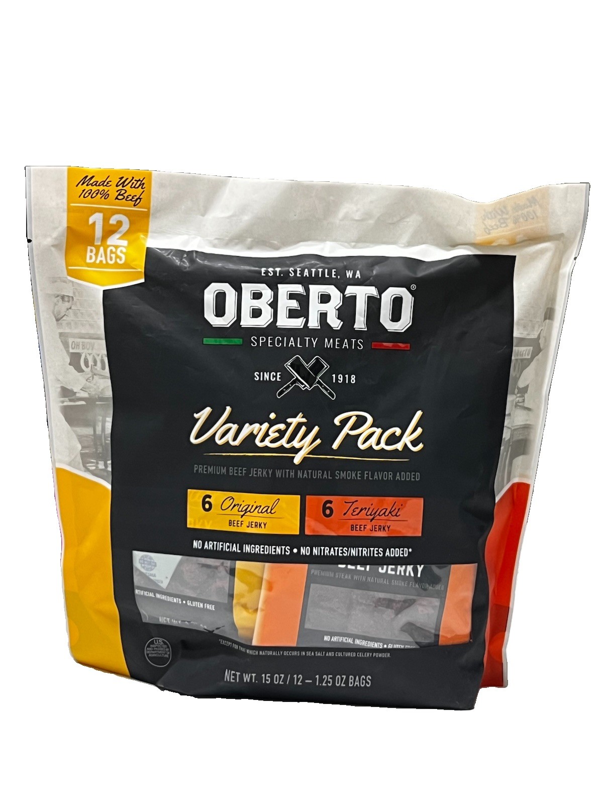 Oberto Premium Beef Jerky Variety Bag, Original & Teriyaki, 1.25 oz, 12-count