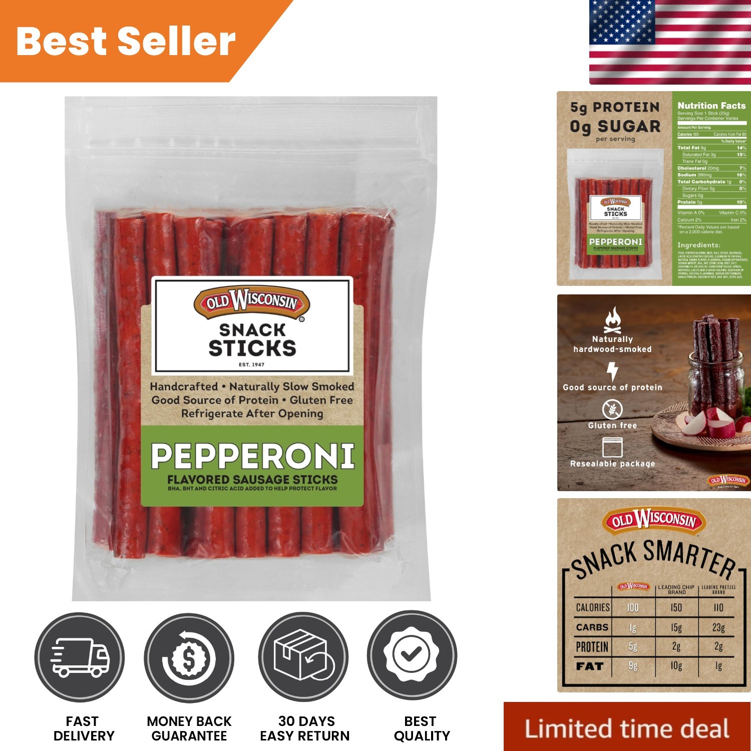 High Protein Pepperoni Sausage Snack Sticks – Ready to Eat, Gluten Free – 28oz