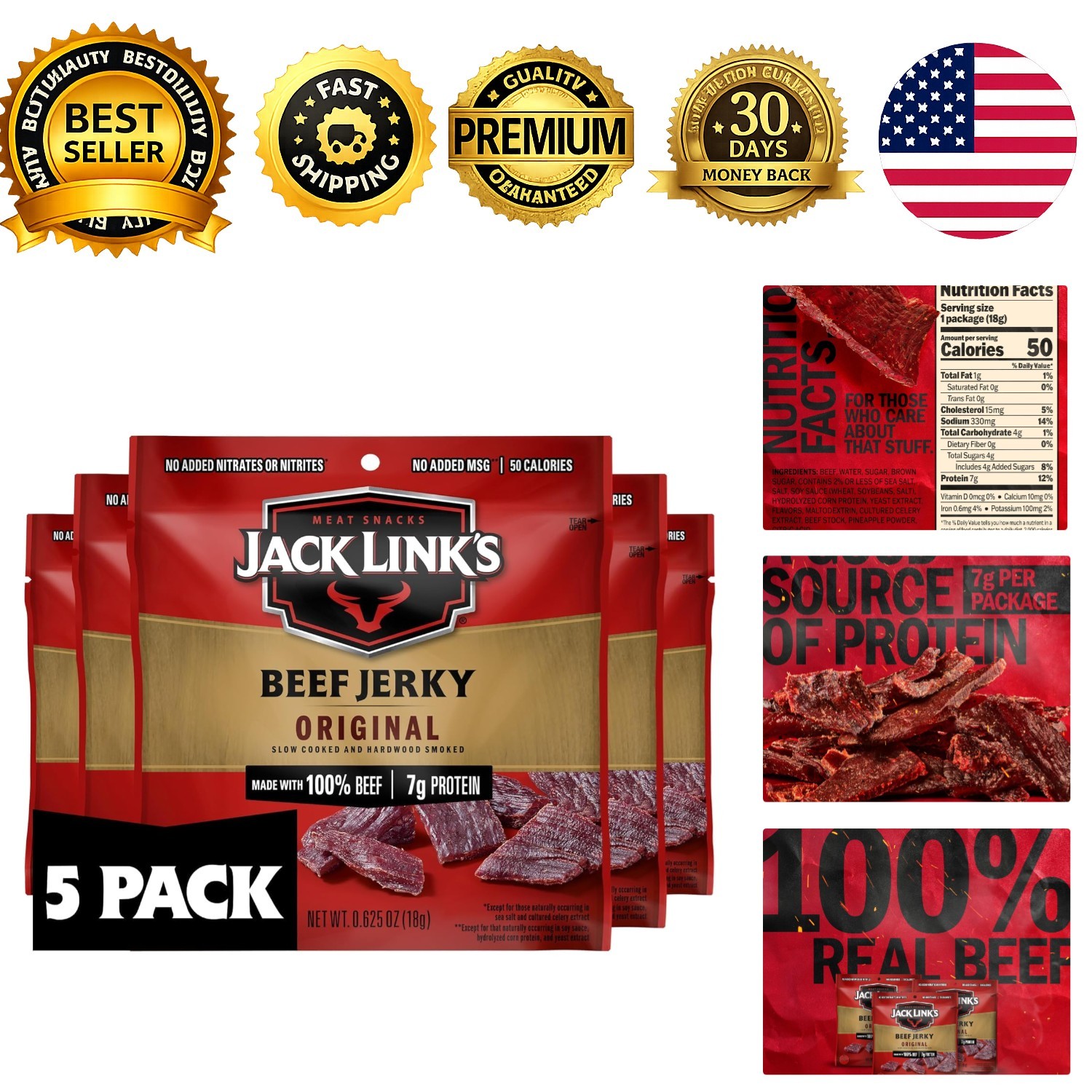 Beef Jerky Multipack 5 Pack 0.625 oz Bags Ready to Eat Real Beef Protein Snacks