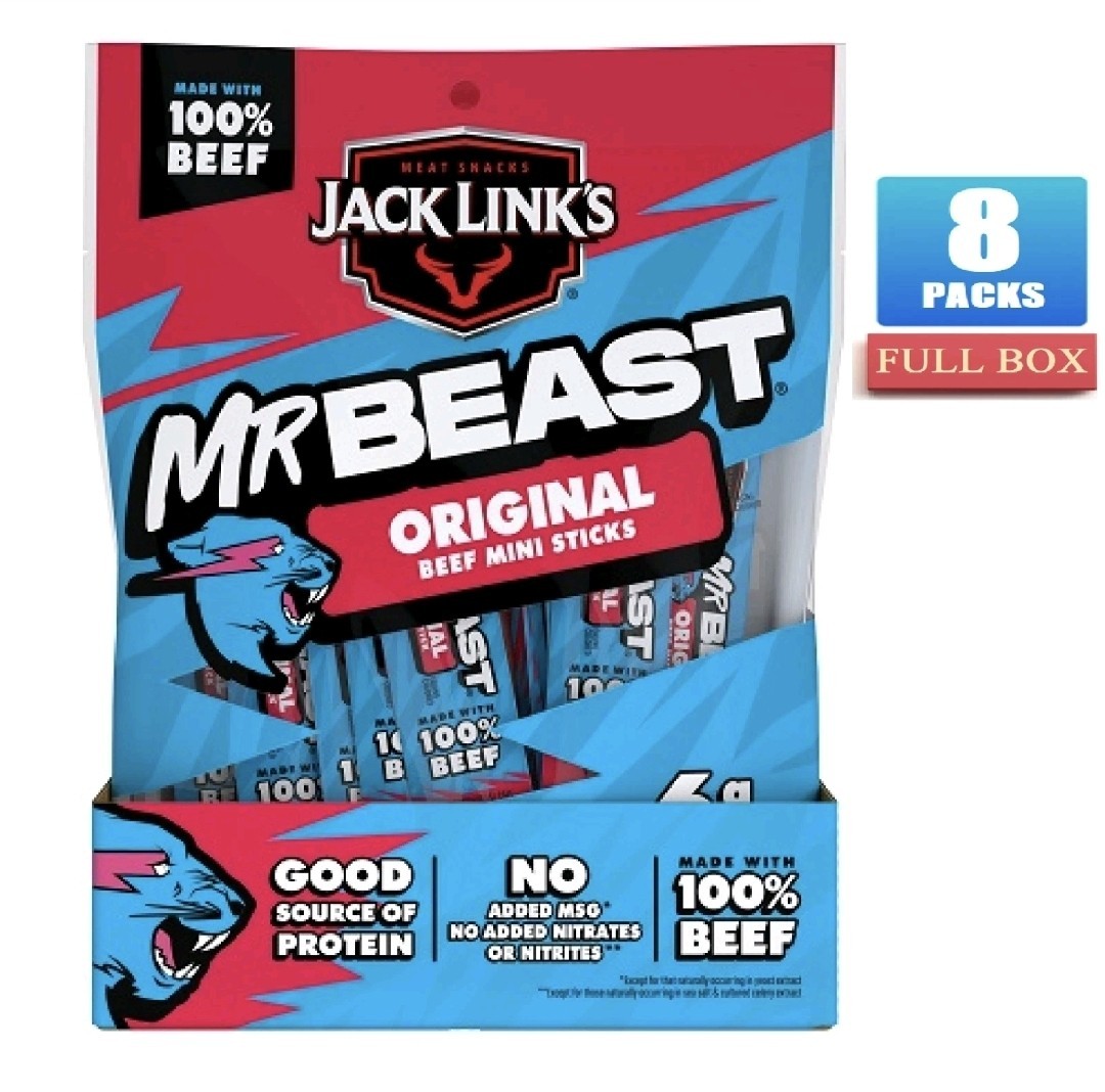 Lot Of 8 Packs Jack Link’s Mr Beast Original Mini Beef Sticks – 48 Sticks – 4oz