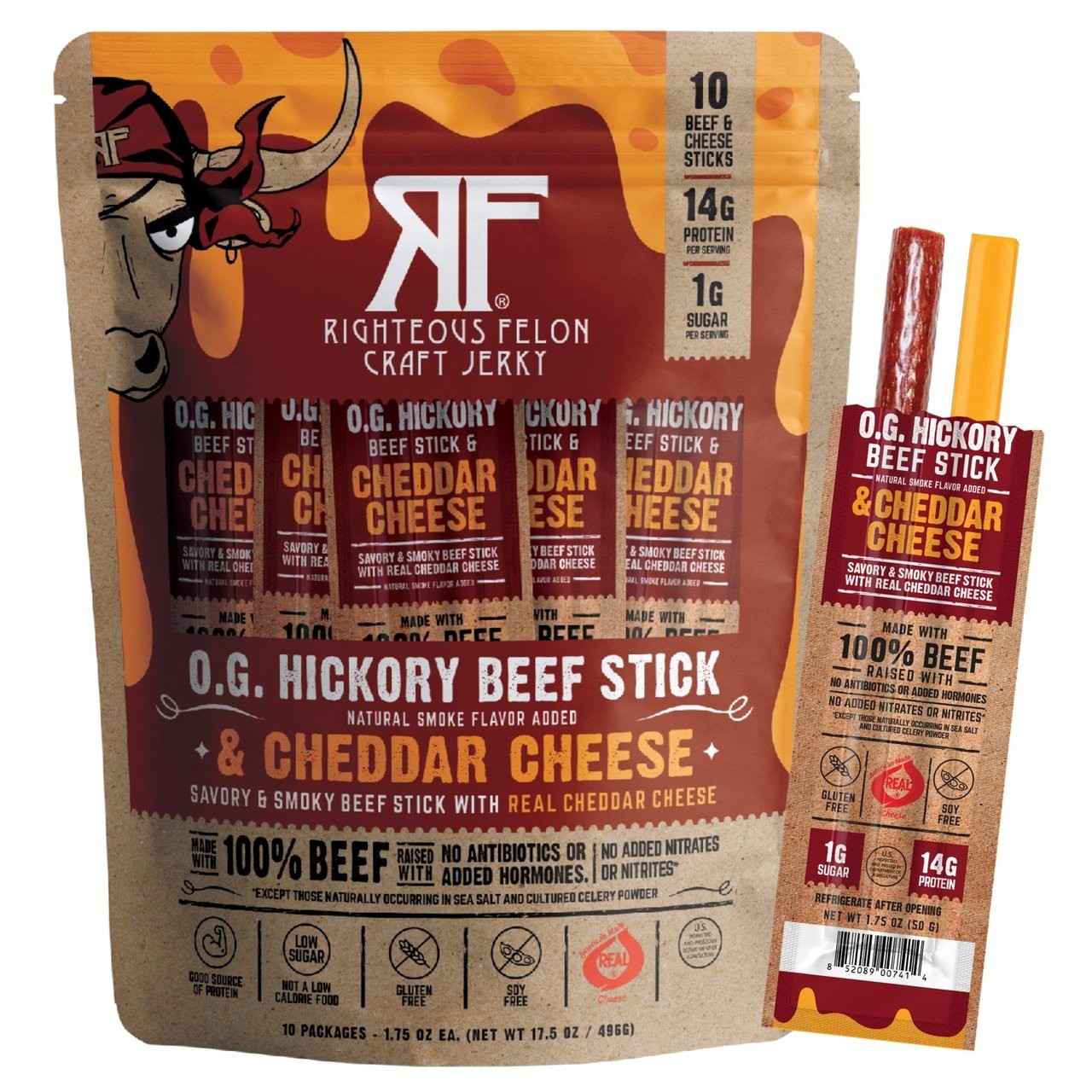 Righteous Felon O.G. Hickory Beef Stick & Cheddar Cheese, 1.75 oz, 10-count