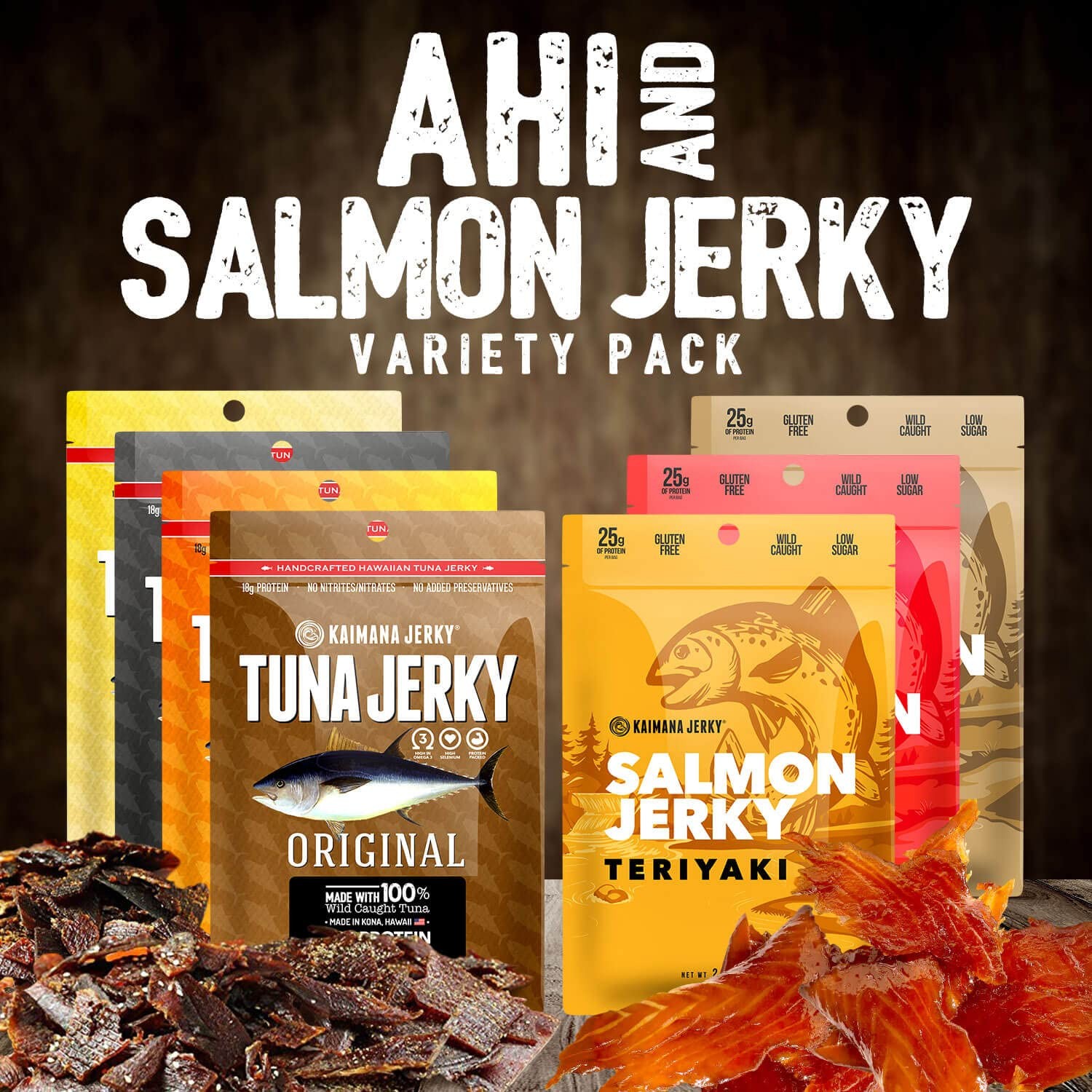 Kaimana Jerky Ahi Tuna & Salmon Sampler Pack All Natural & Wild Caught Fish …