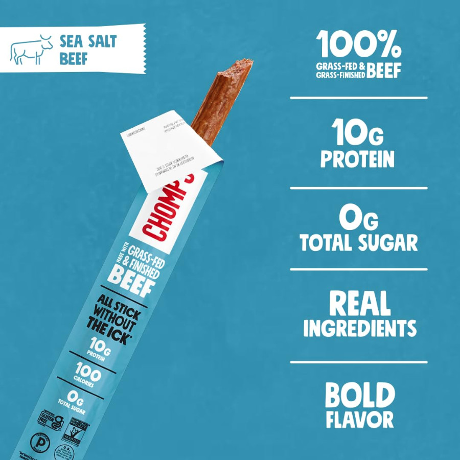 Chomps Sea Salt Beef Jerky Snack Sticks – Gluten-Free, Zero Sugar Food, 24 Pack