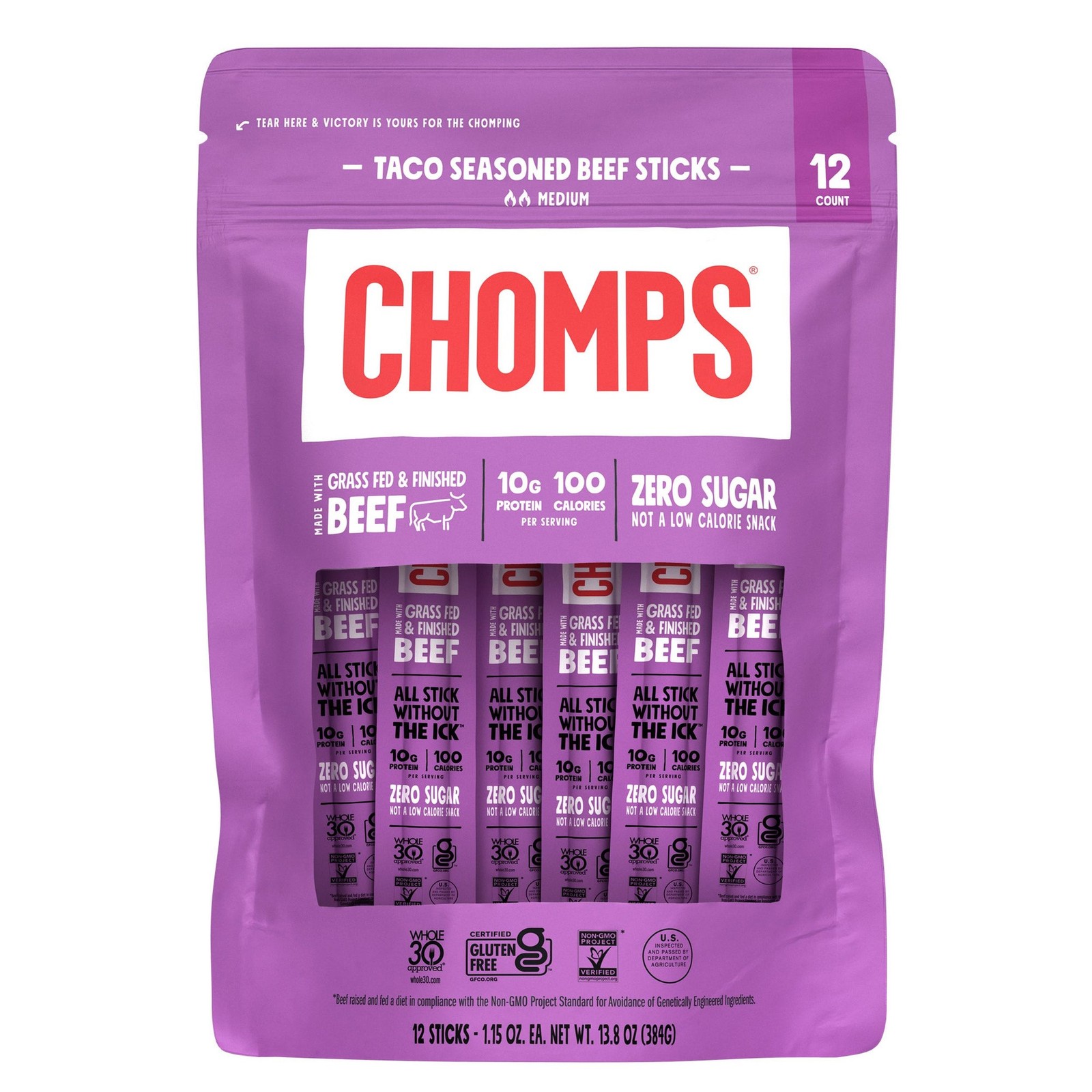 Chomps Taco Seasoned Grass-Fed Beef Sticks, 1.15 oz, 12-Pack (Total 13.8 oz)