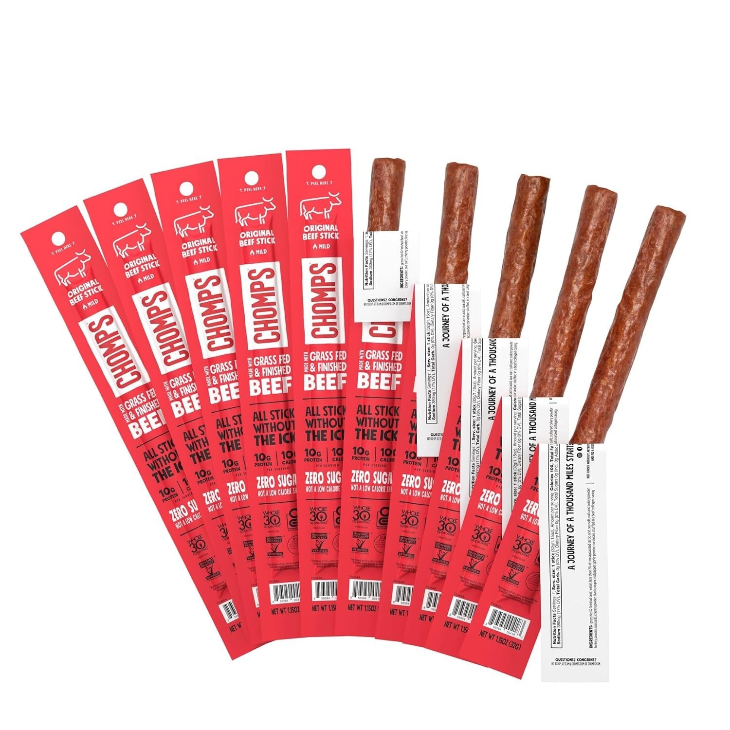 Chomps Grass-Fed and Finished Original Beef Jerky Snack Sticks 10-Pack – Keto, P