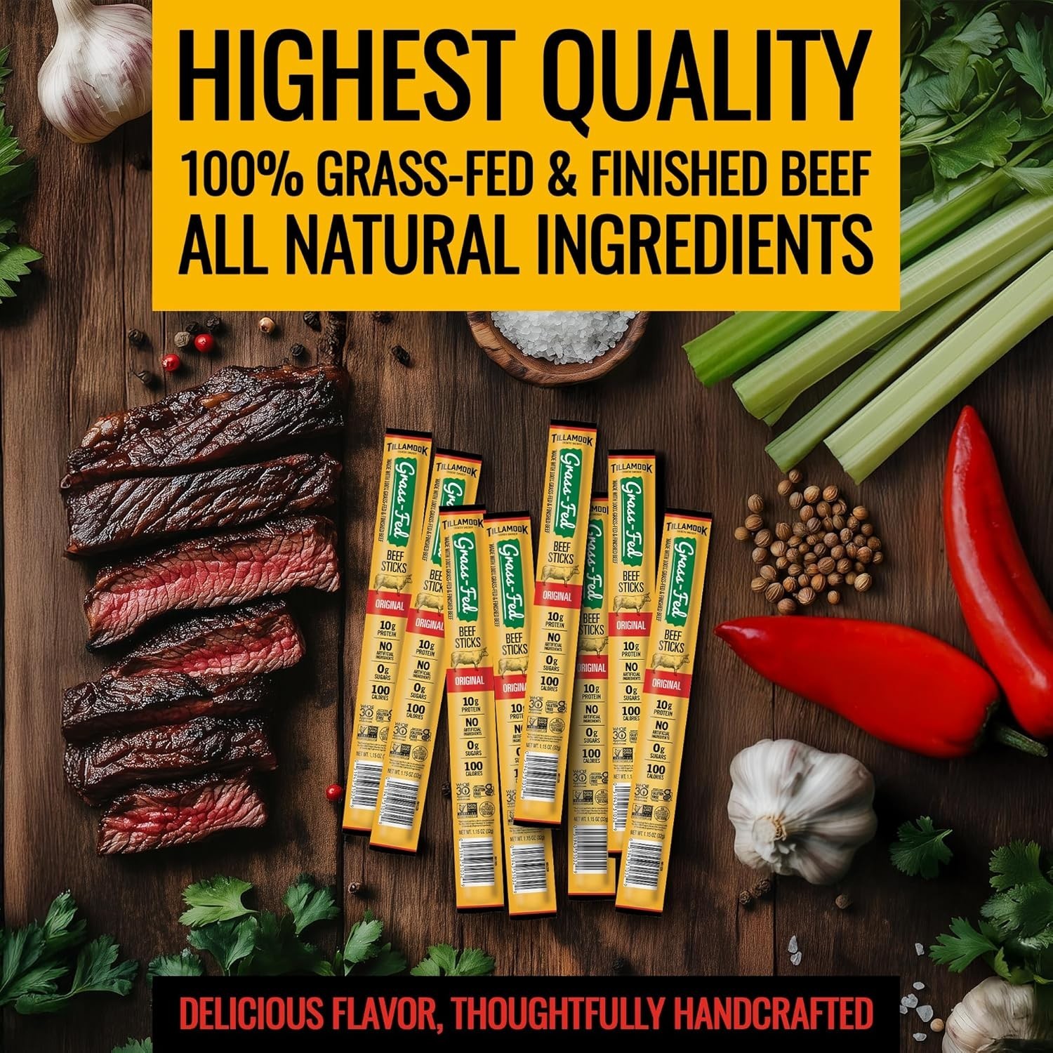 Keto-Friendly Grass Fed Beef Sticks, 0 Sugar, 10g Protein per Stick – 8-Pack