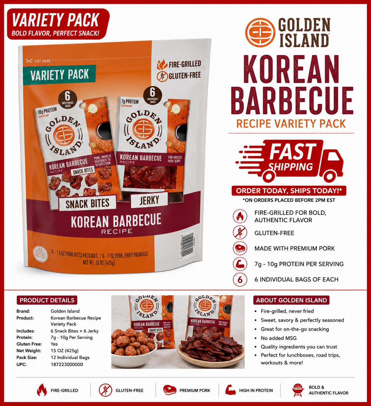 Golden Island Korean Barbecue Pork Jerky and Snack Bites, 1.50 oz., 12 pk.