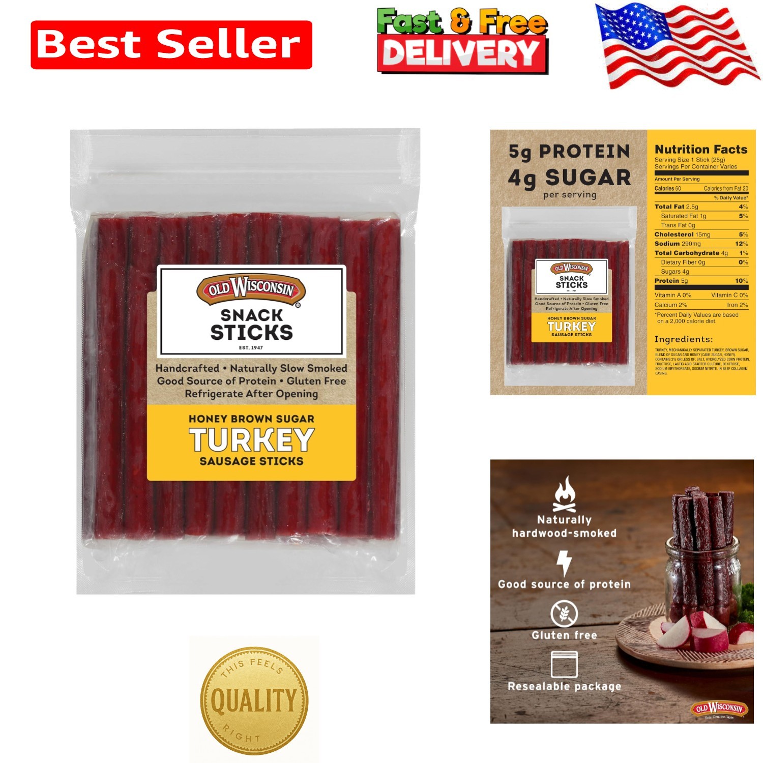 Naturally Smoked Honey Brown Sugar Turkey Snack Sticks – 28 oz, High Protein