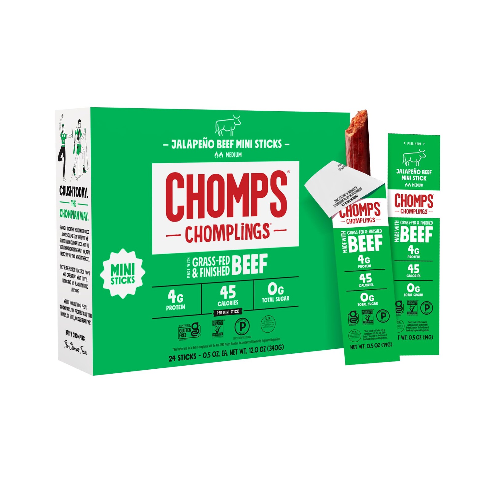 Chomps Snack Size GrassFed and Finished Jalapeño Beef Jerky Snack Sticks 0.5o…