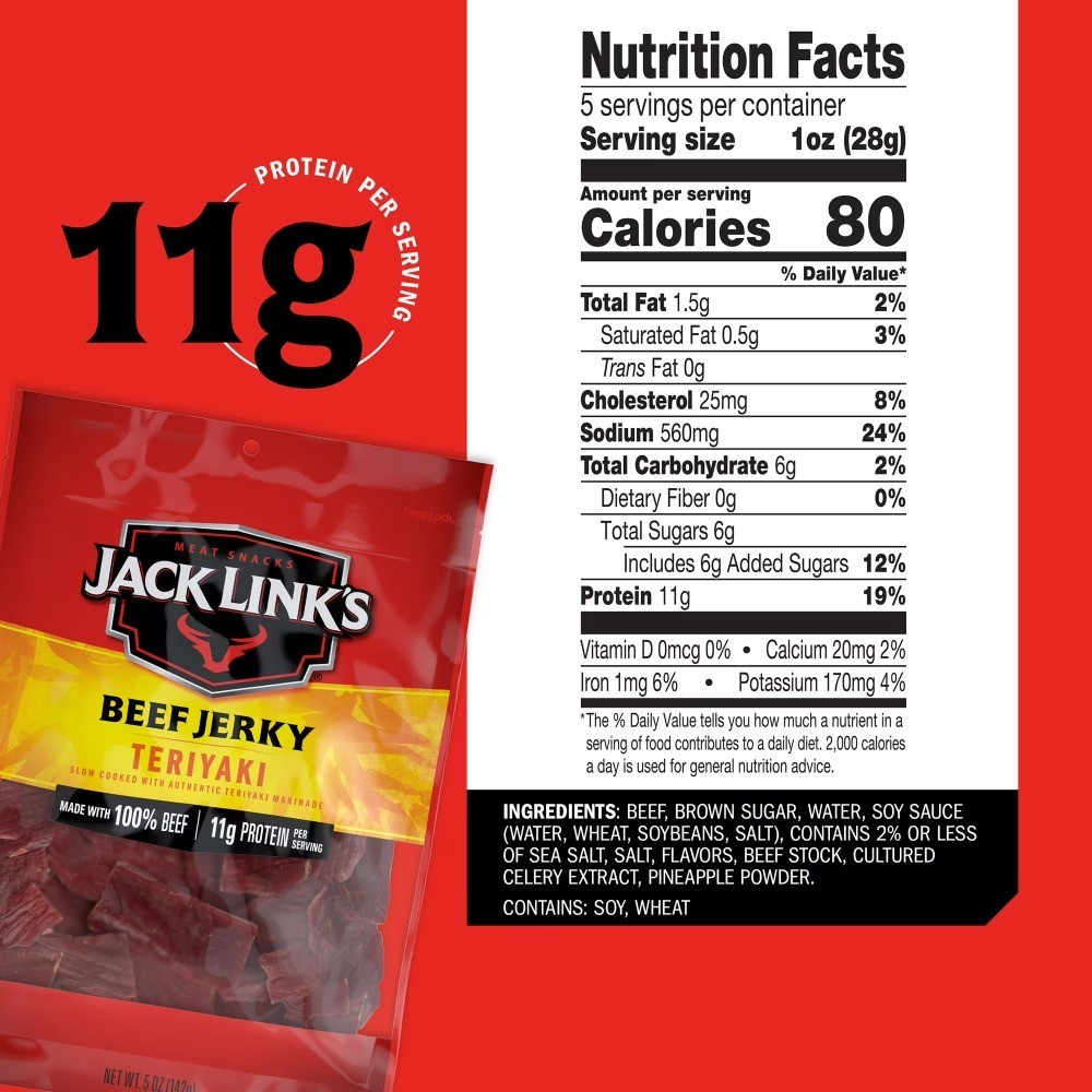 Jack Link’s Beef Jerky, Teriyaki, Made with 100% Beef, 11g of Protein per