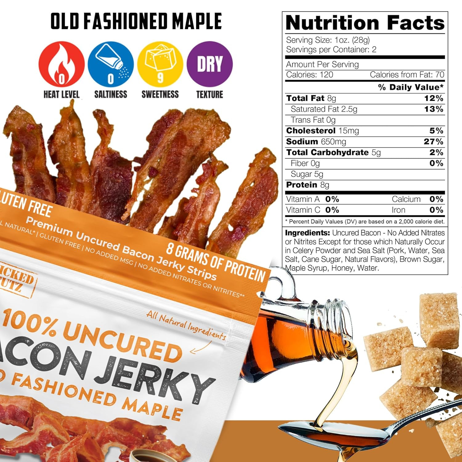 Old Fashioned Maple Bacon Jerky, Candied Jerky with 16G Protein per Bag, Tender