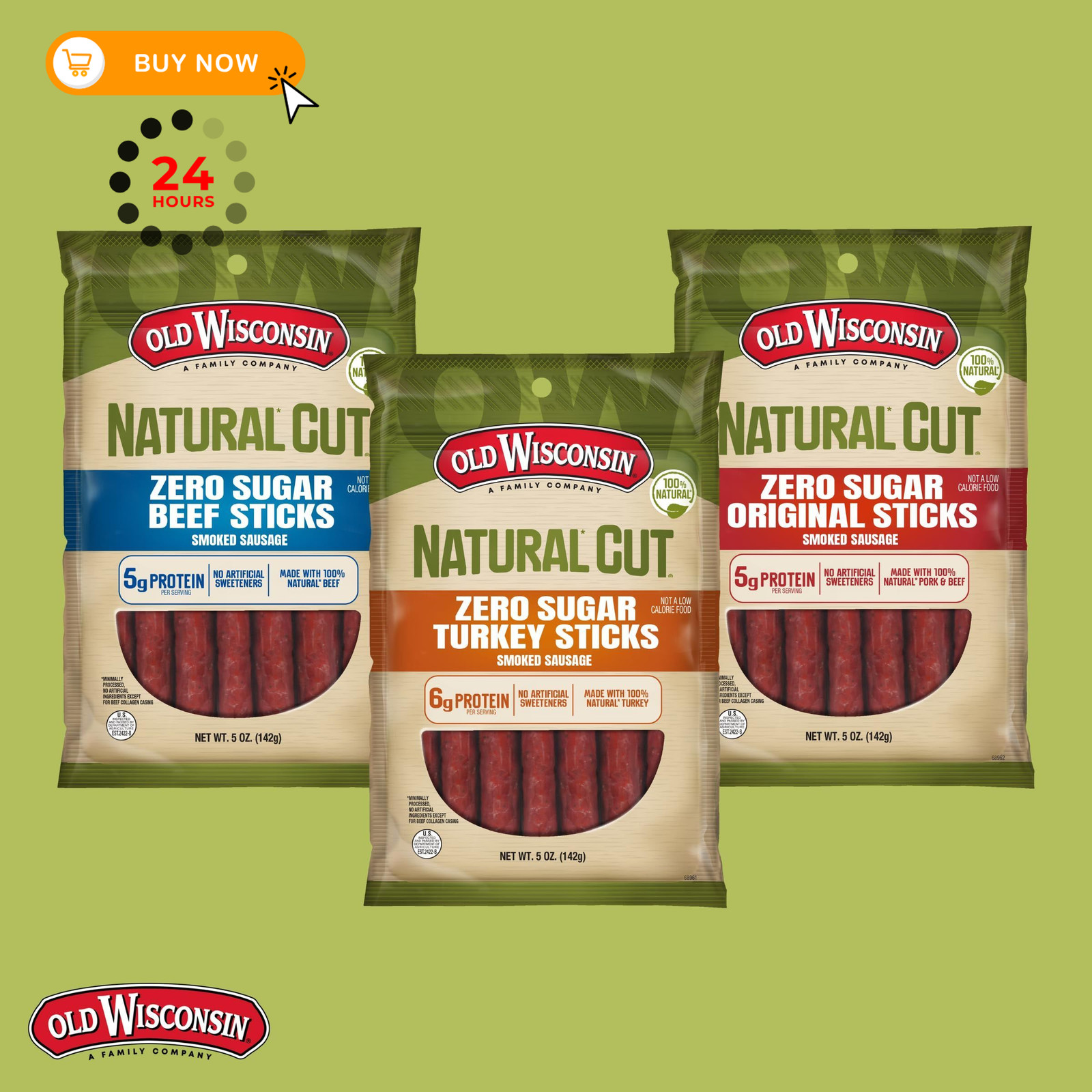 Old Wisconsin Natural Cut Original Sausage Snack Sticks, 5 Ounce (Pack of 3)