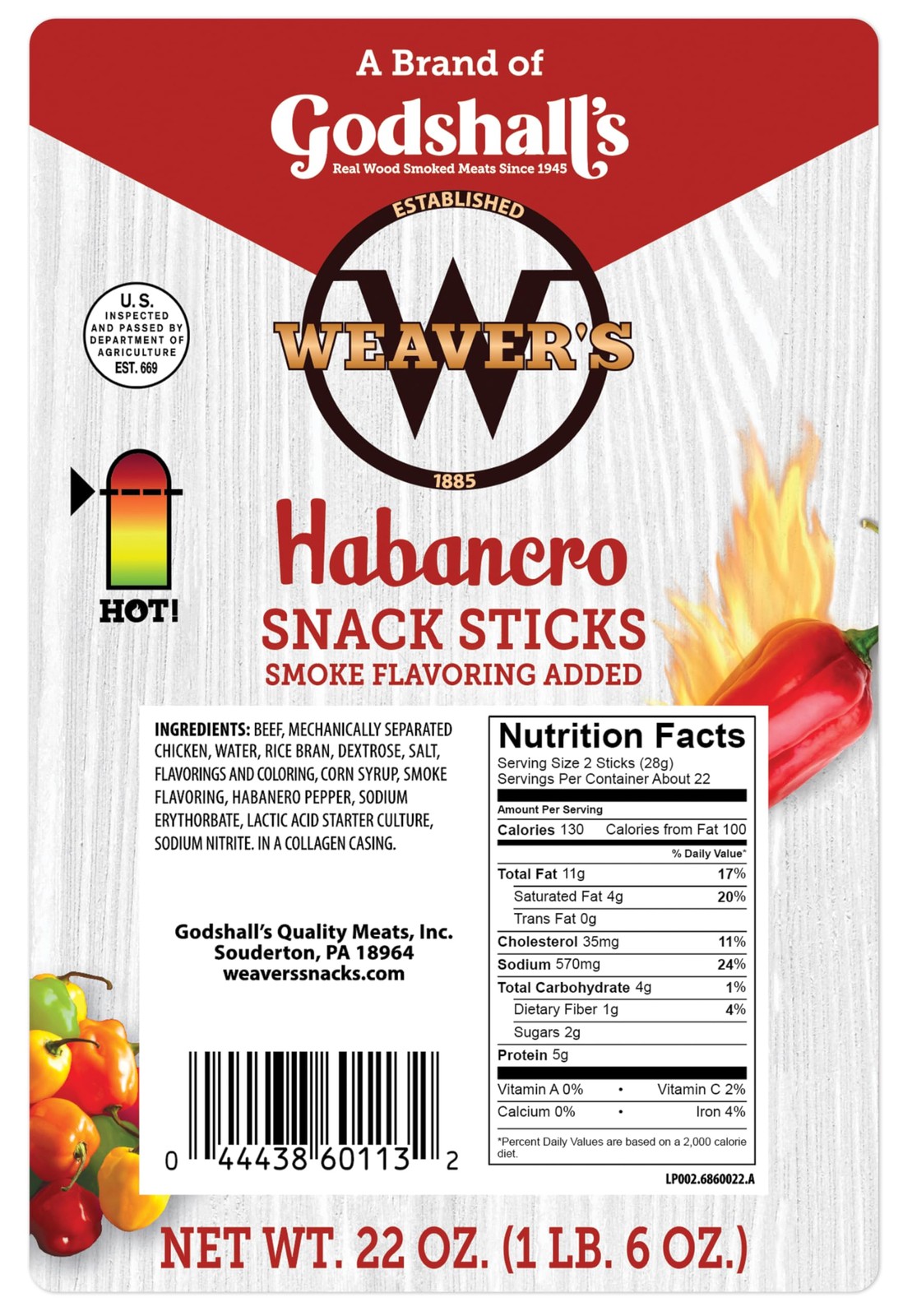 Weaver’s Habanero Snack Sticks 44 spicy 7 beef and chicken snack sticks per 2…