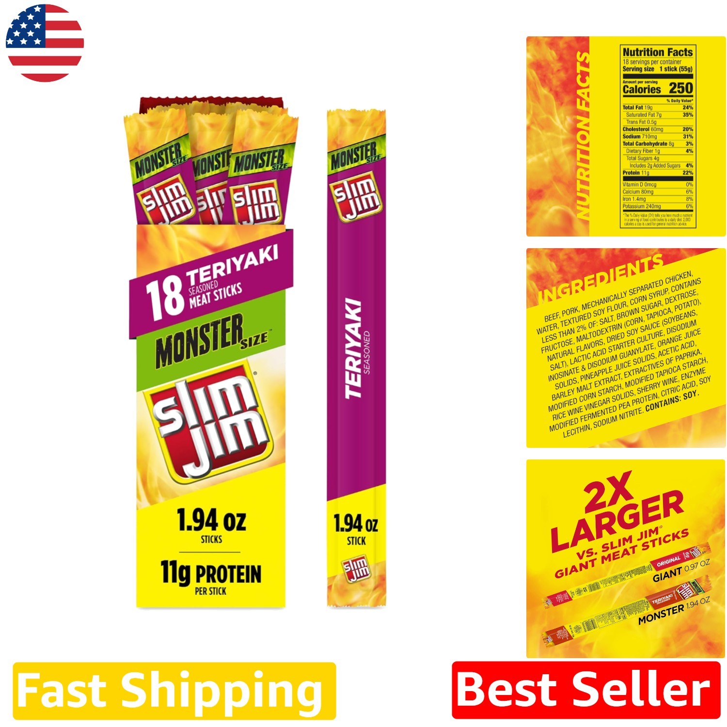 Monster Teriyaki Meat Sticks 18ct Box – High Protein Beef Pork Chicken Snacks
