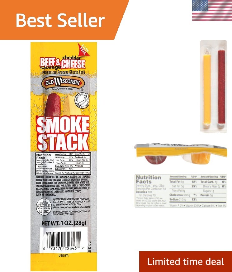 Old Wisconsin Cheese, Beef Stick and Cheddar, 1-Ounce Pack of 18