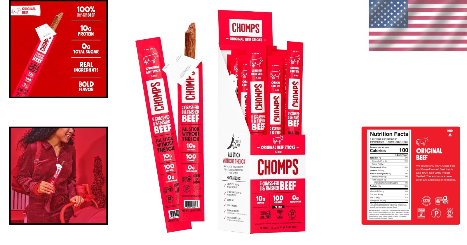 Grass-Fed Beef Jerky Snack Sticks 24-Pack – 10g Protein & Gluten-Free