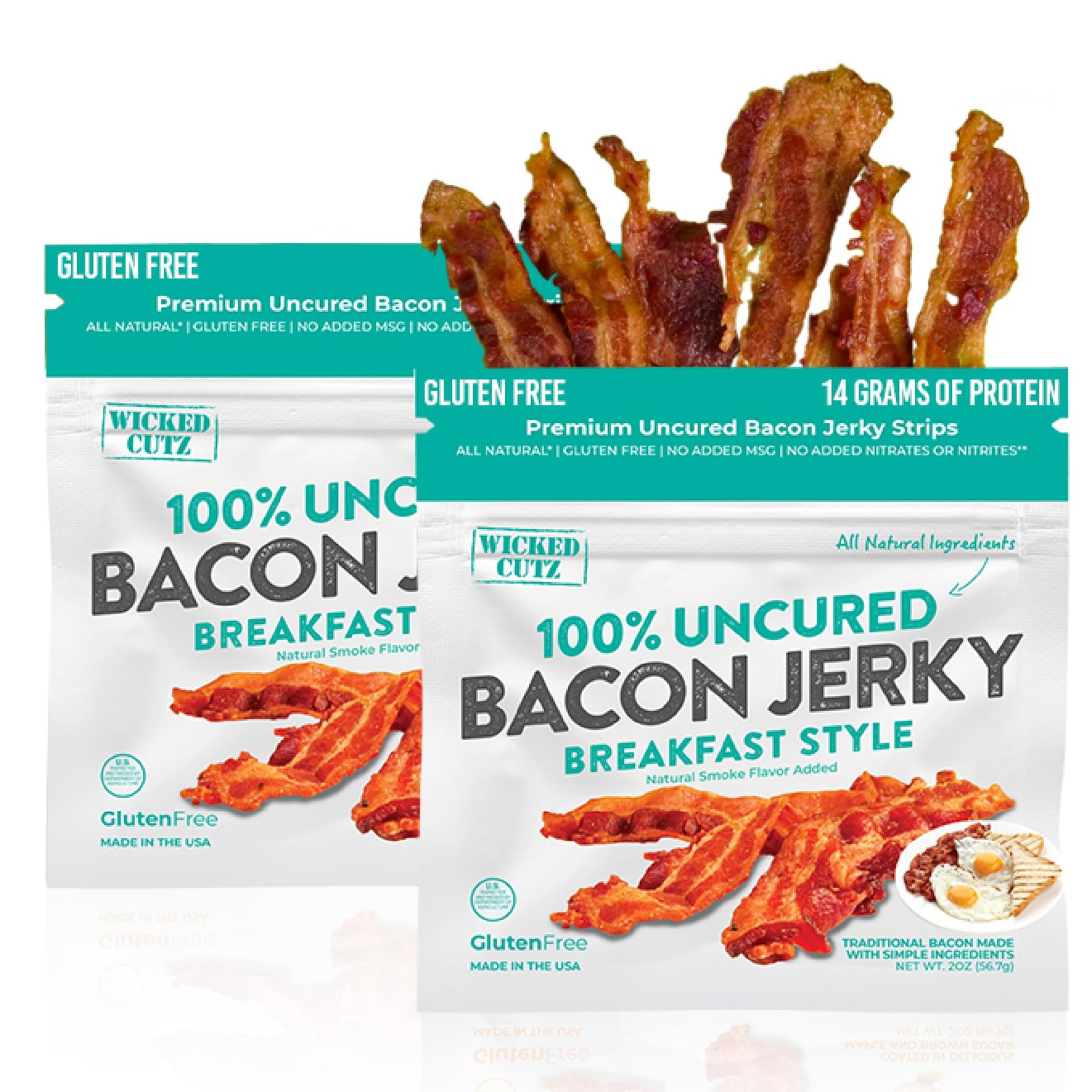 Breakfast Style Bacon Jerky, 14g Protein Per Bag, Tender 2 Ounce (Pack of 2)