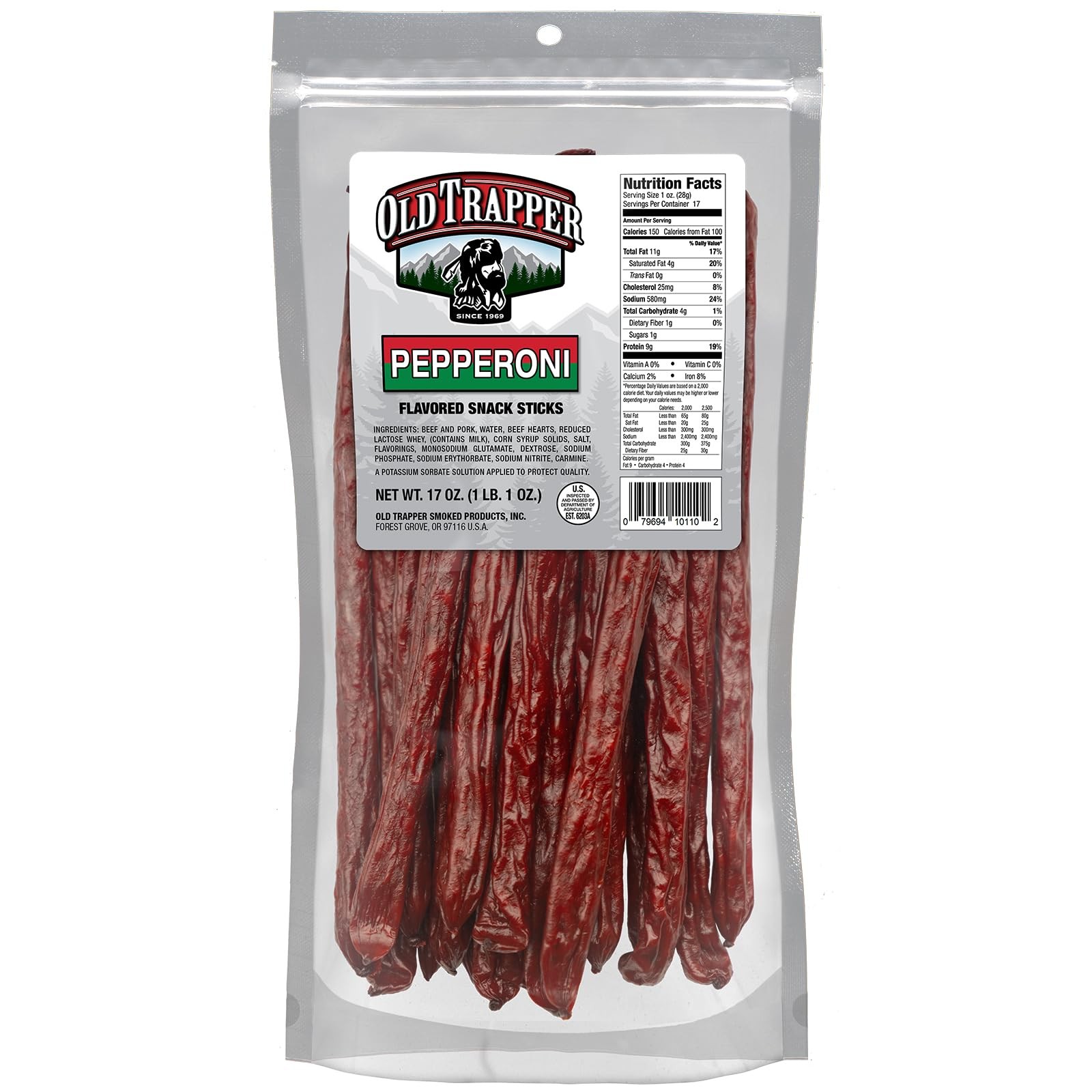 Old Trapper Pepperoni Snack Sticks 17-Ounce Resealable Bag Natural Wood Smoke…