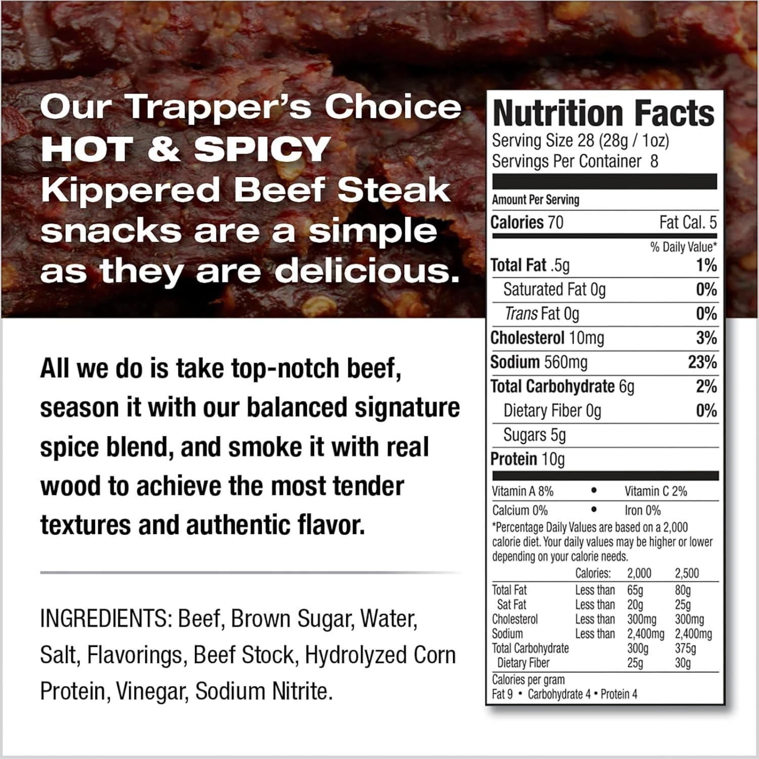 Hot Spicy Kippered Beef Steak Eight-Ounce Package Protein 10g Calories 70