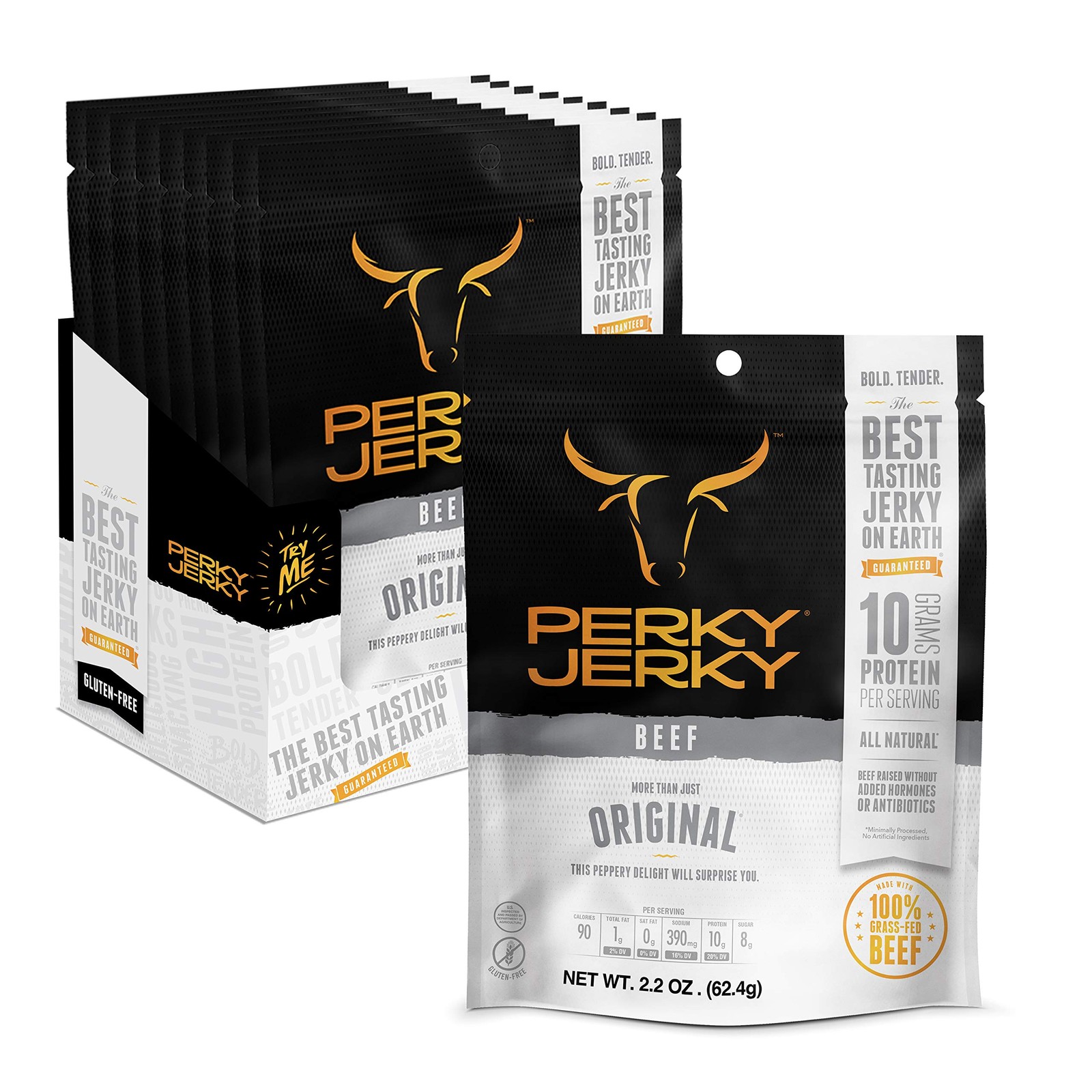 Perky Jerky Original 100% Grass Fed Beef Jerky, 2.2oz Pack of 12 | Antibiotic…