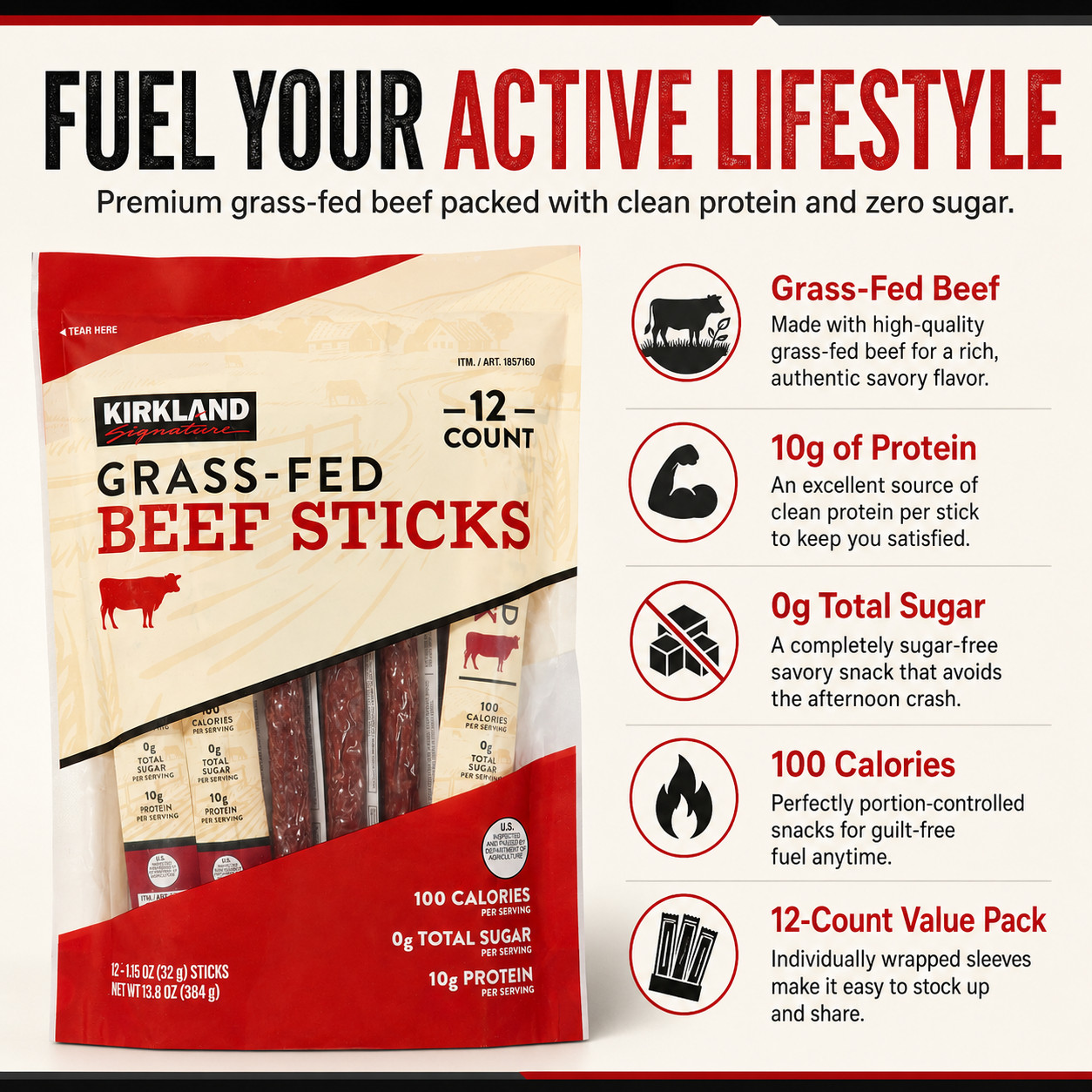 Kirkland Signature Grass-fed Beef Sticks, 1.15 oz, 12-count