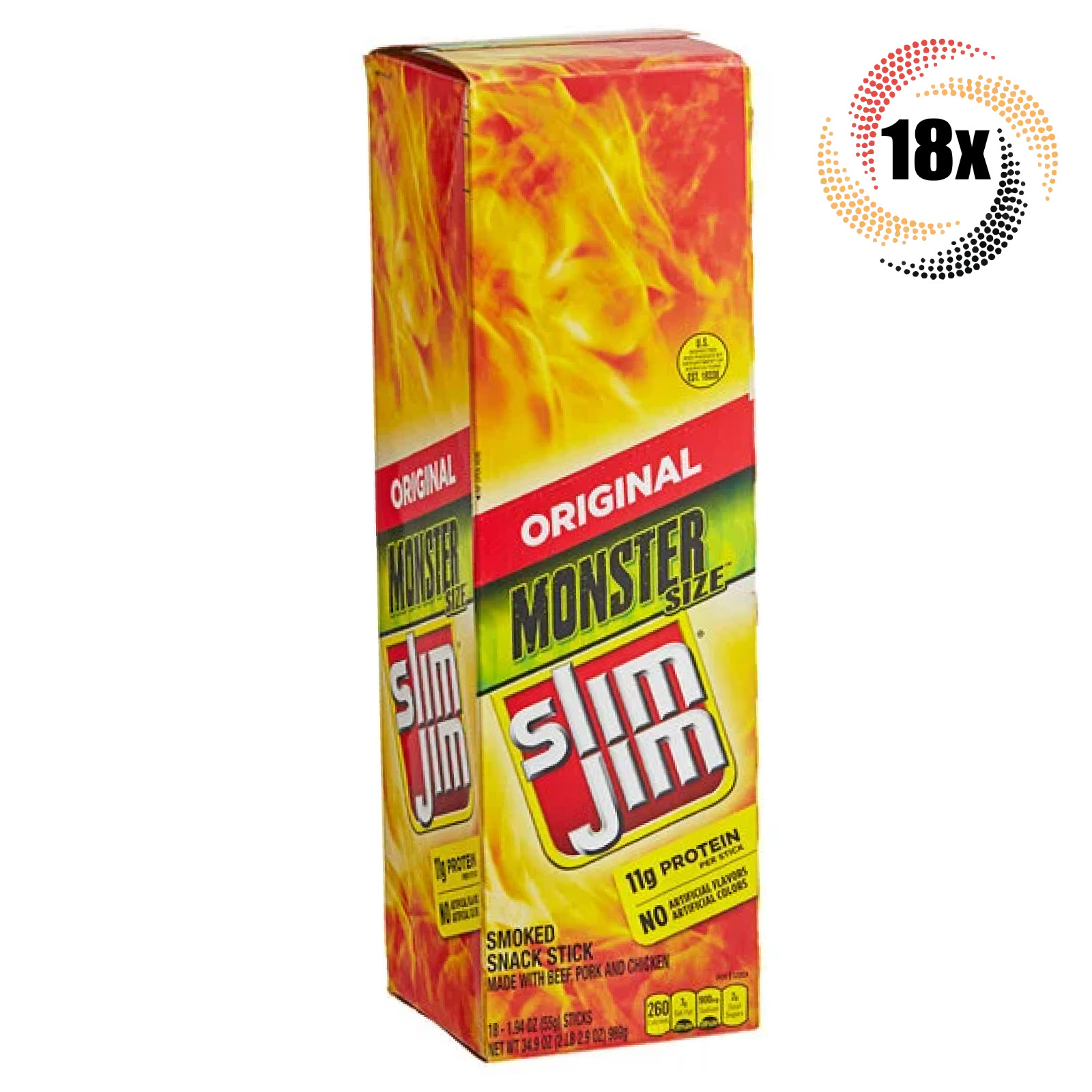 Full Box 18x Stick Slim Jim Original Monster Snack Sticks | 1.94oz | 11G Protein